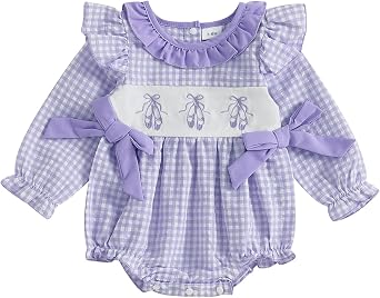 Newborn Baby Girl Clothes Ruffle Long Sleeve Bow Toeshoe Embroidery Plaid Bubble Onesie Romper Fall Winter Outfit Purple, 0-3 Months