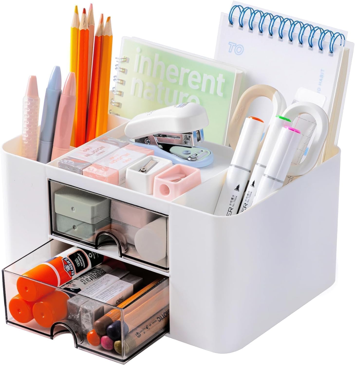 Recluse White Desk Organiser, Table Organiser, Desk Organiser with 5 Compartments and 2 Small Drawers Organizer for Home or School, Office Organiser, Small Items Such as Stationery and Remote Control-image-0