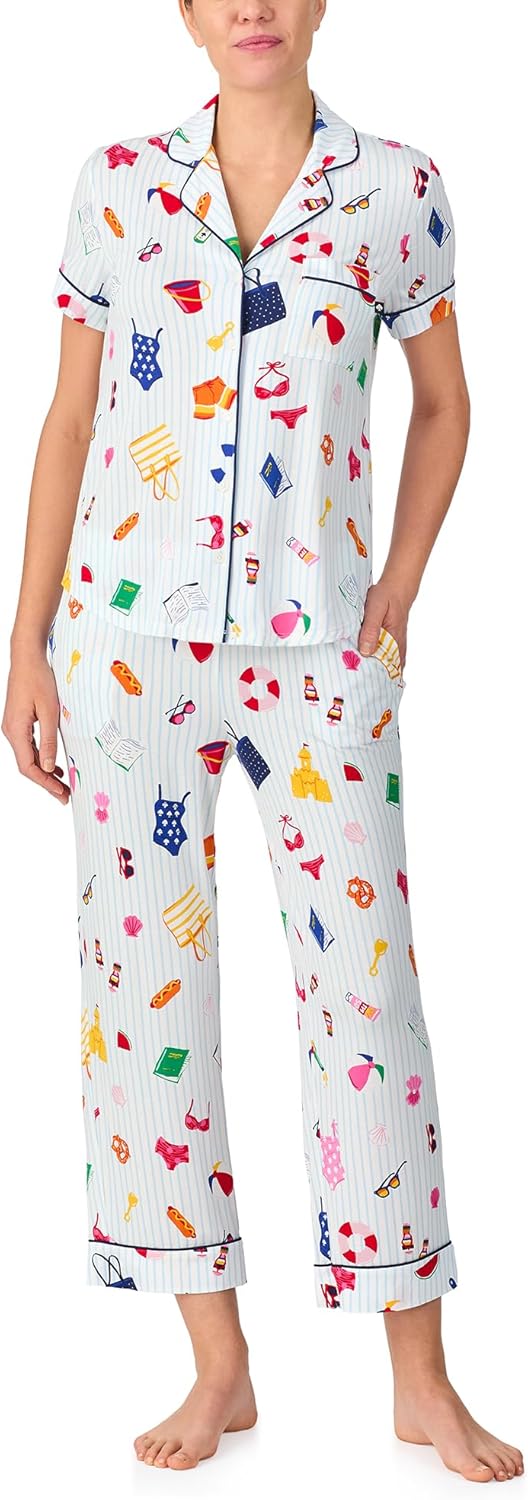 kate spade new york Pajamas for Women 2 Piece Set - Recycled Poly Jersey Notch Collar Short Sleeve Button Top & Cropped Pants