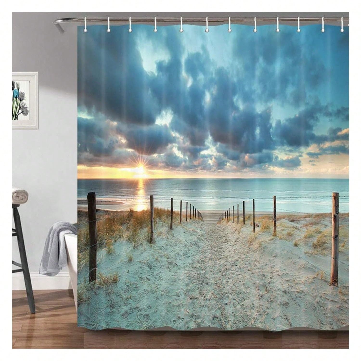 ZXBNNN Beach Shower Curtain, Nature Tropical Ocean Seaside Scenery, Waterproof Polyester Fabric Bath Curtains With Set(80x80cm(31.50x31.50in))