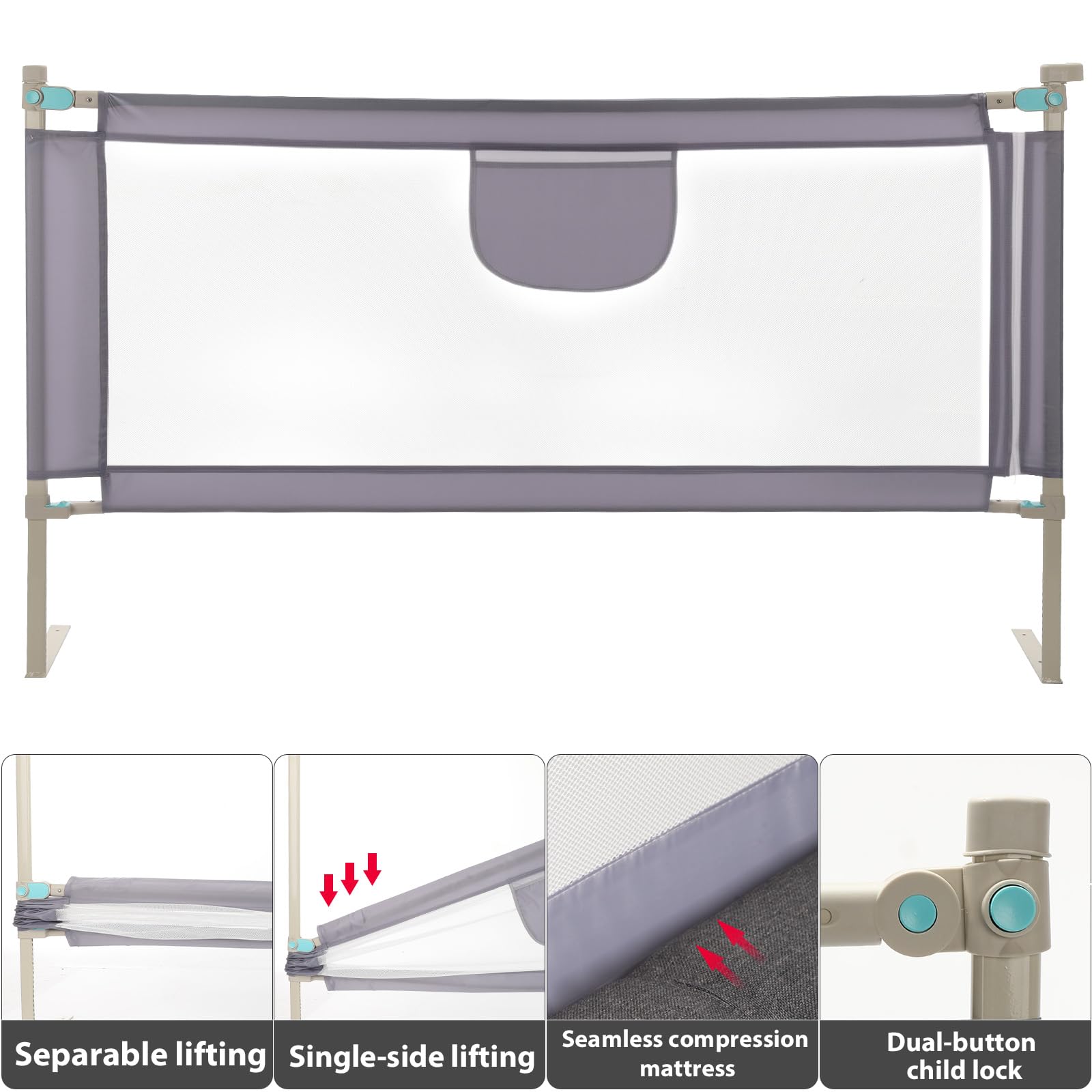 Barrera Seguridad Niños Cama, Barandilla Cama 150/180/200cm, Protección Anticaídas con Malla Transpirable, Barandilla Regulable en Altura 69-98 cm, Pasamanos con Bolsillo Lateral, Apto para Boxspring — view 4