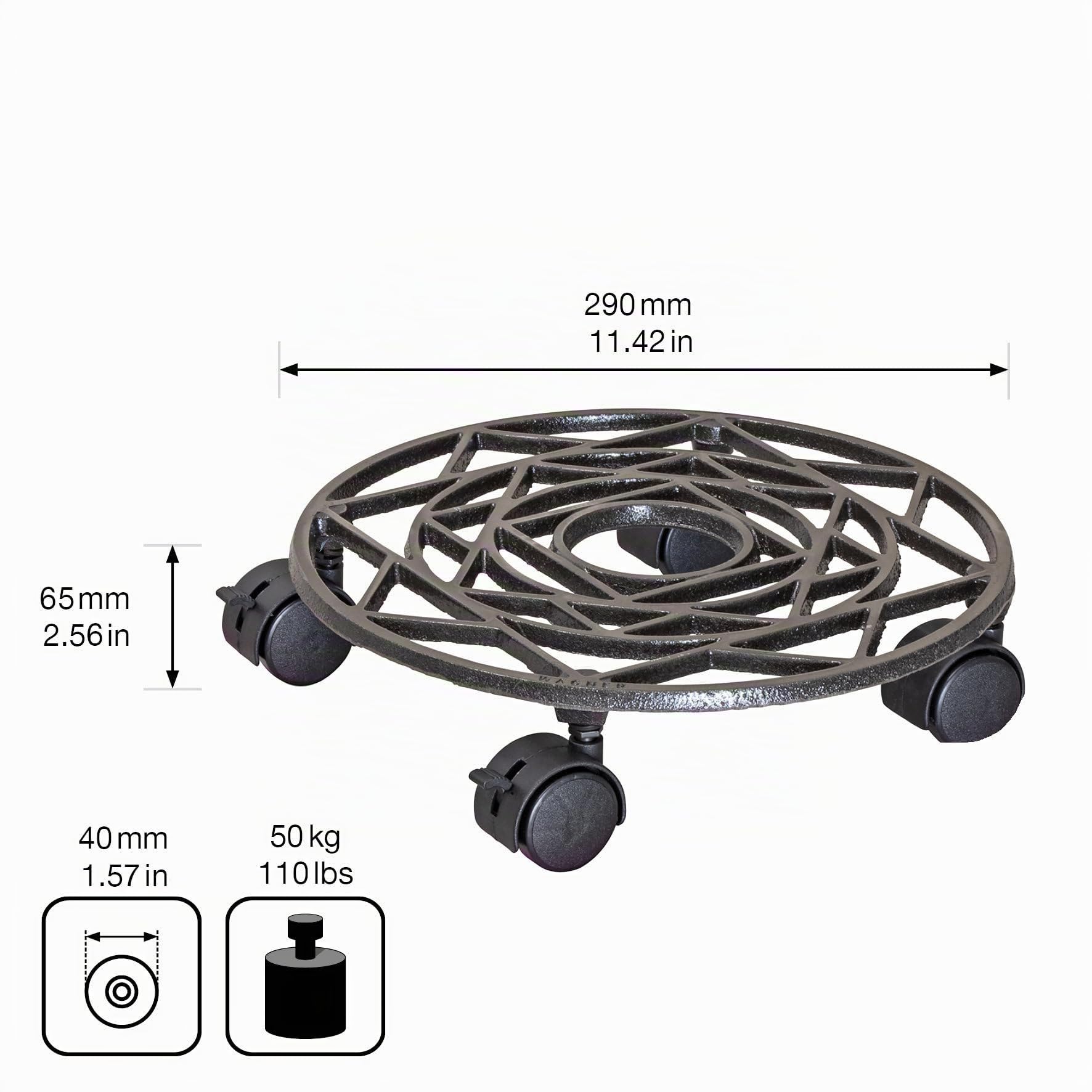 WAGNER Support à roulettes pour Pot de Fleur ÉTOILE Ø 29 x 6,5 cm I pour l'intérieur + l'extérieur I Roule Pot en Fonte, Couleur Nickel I 2 Freins I Capacité de Charge 50 kg - 20092101