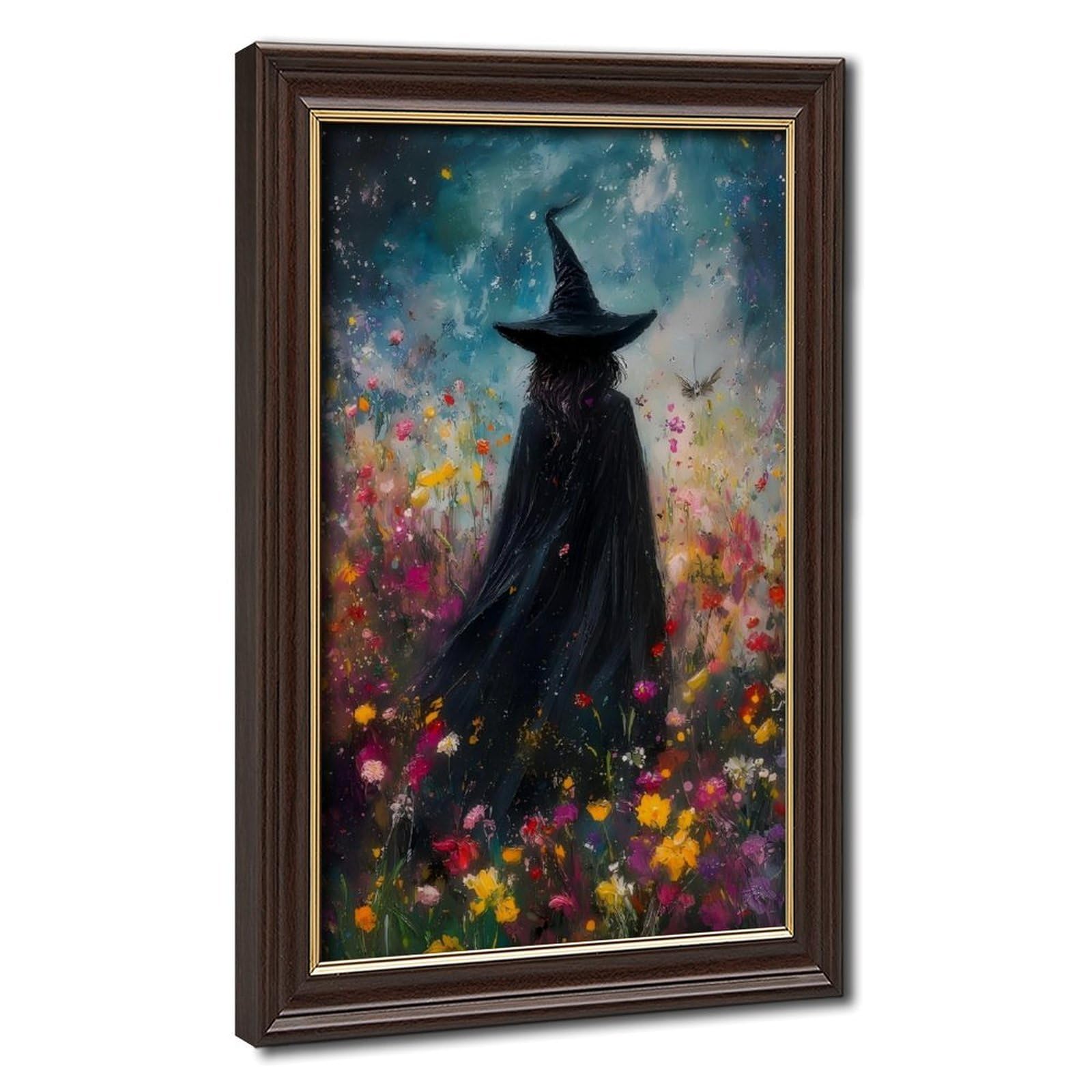 Bareronor Mokume Gane Frame-Style Vintage Witch In Flowers Canvas Poster For Office Decor Gift