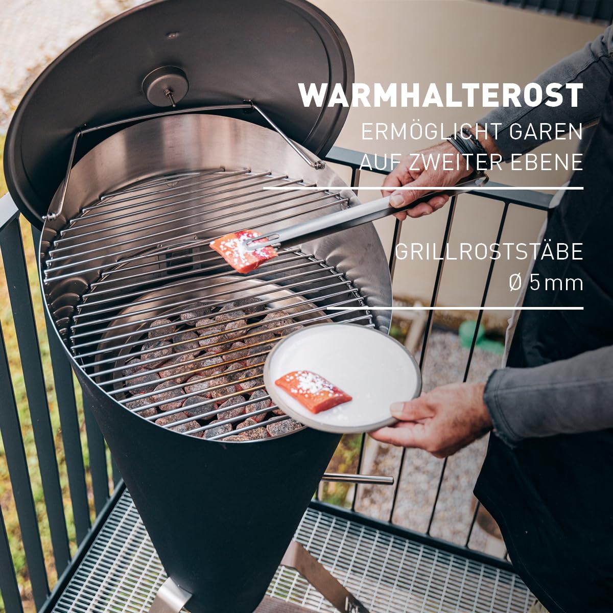 höfats - CONE Holzkohle Grill und Feuerkorb mit Deckel und Thermometer - stufenlose Regulierung der Hitze und Luftzufuhr - Grillen auf zwei Ebenen - Design-Grill aus Edelstahl