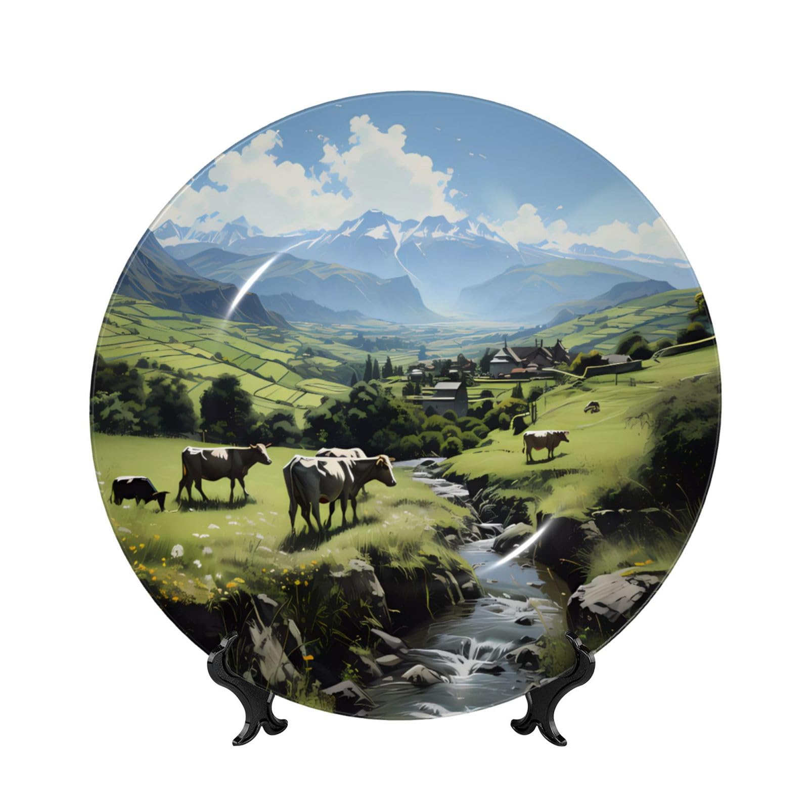 SXZVVBN Alpine Farm Cows Bone China Decorative Plate Art with Stand Removable Adhesive Hanging for Home Office 7in
