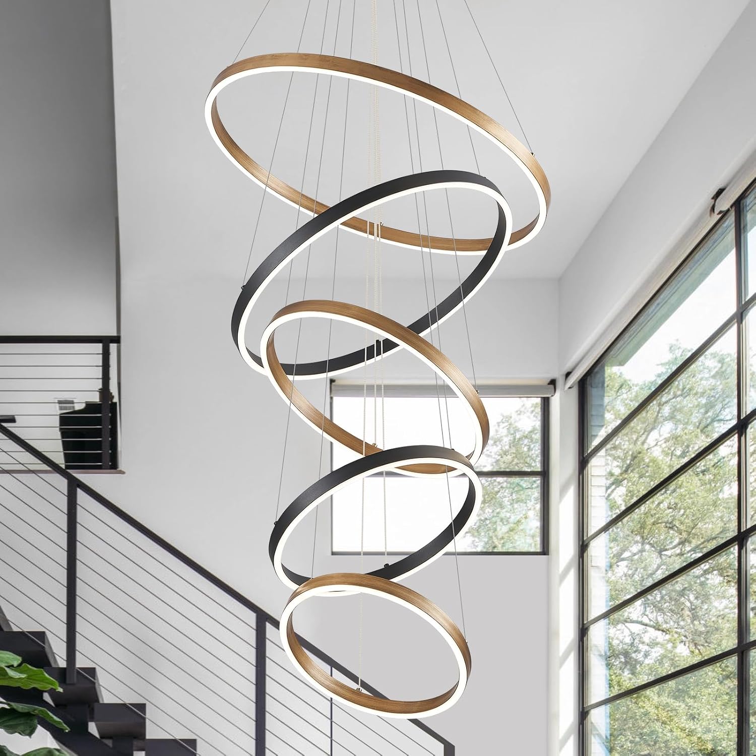 modern led gold chandelier,high ceiling living room chandelier lighting 5-ring foyer light dimmable circle chandelier for staircase,entryway,lobby,hall,with remote control,100w black & gold 5-ring 100w