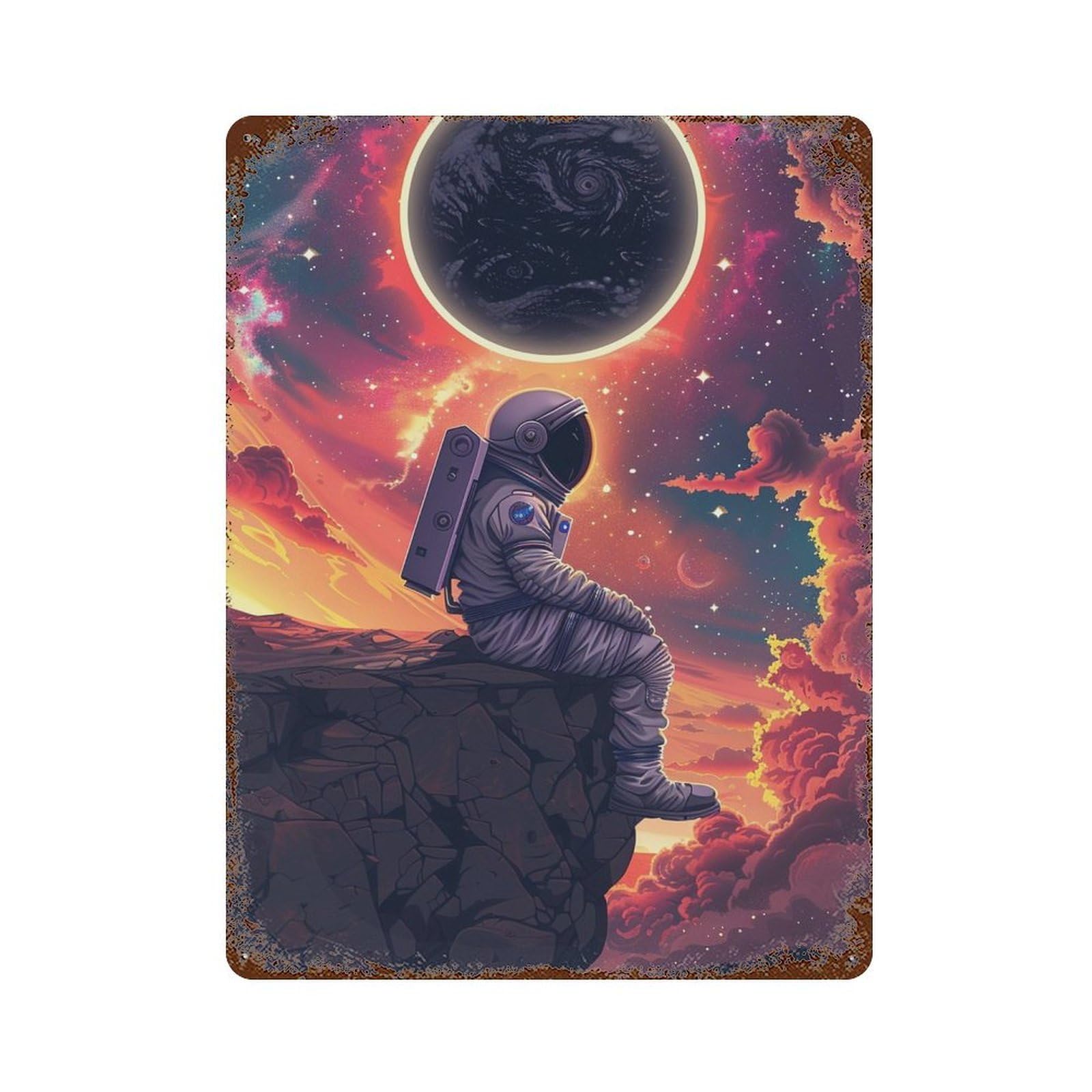 Rust Effect Astronaut on Alien Planet Distressed Metal Wall Sign 15.7"x11.8", Shabby Chic Decor for Pub, Kitchen And Man Cave Decor