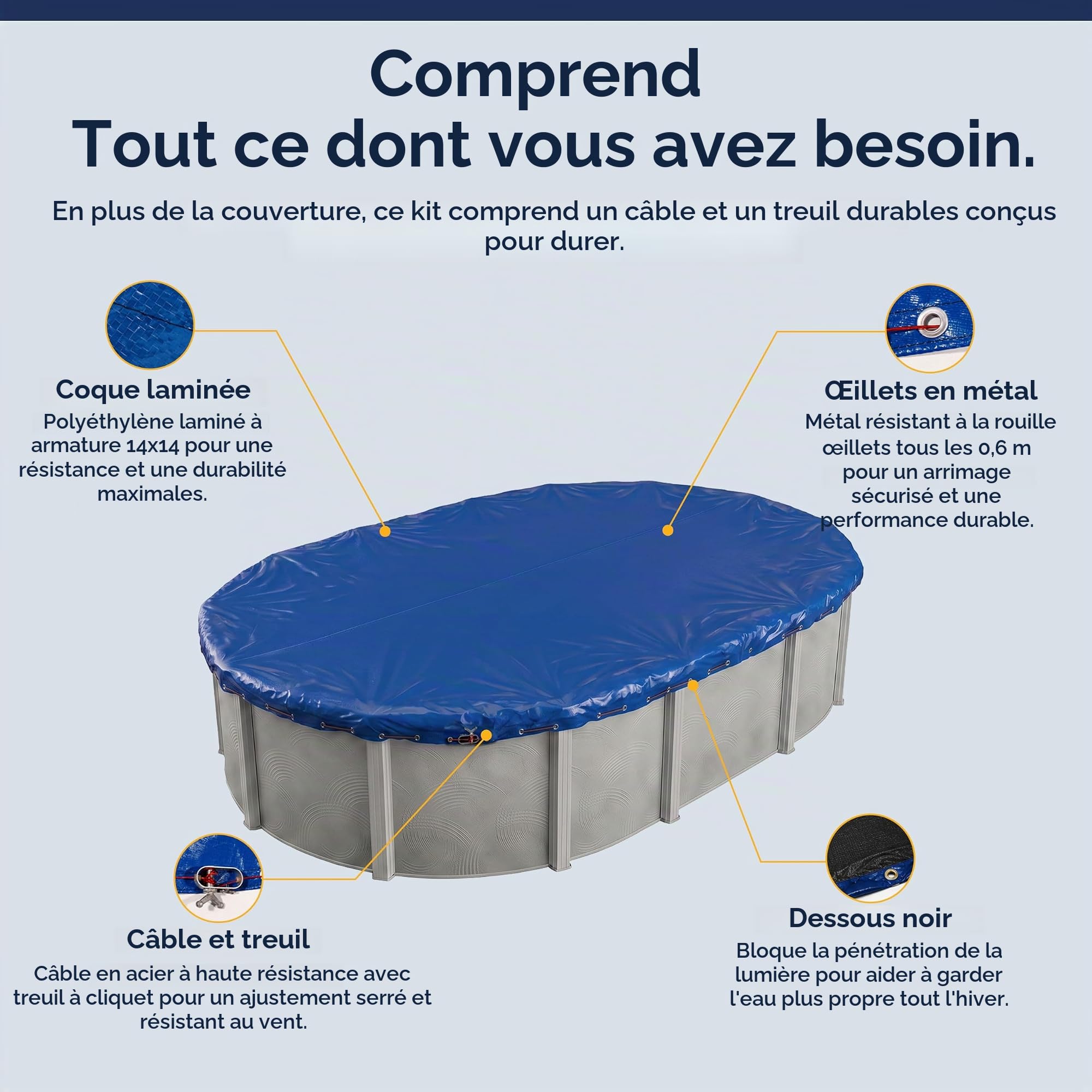 Blue Wave Bâche d'hiver Ovale pour Piscine Hors Sol Doré 15 Ans 3,7 x 7,3 m