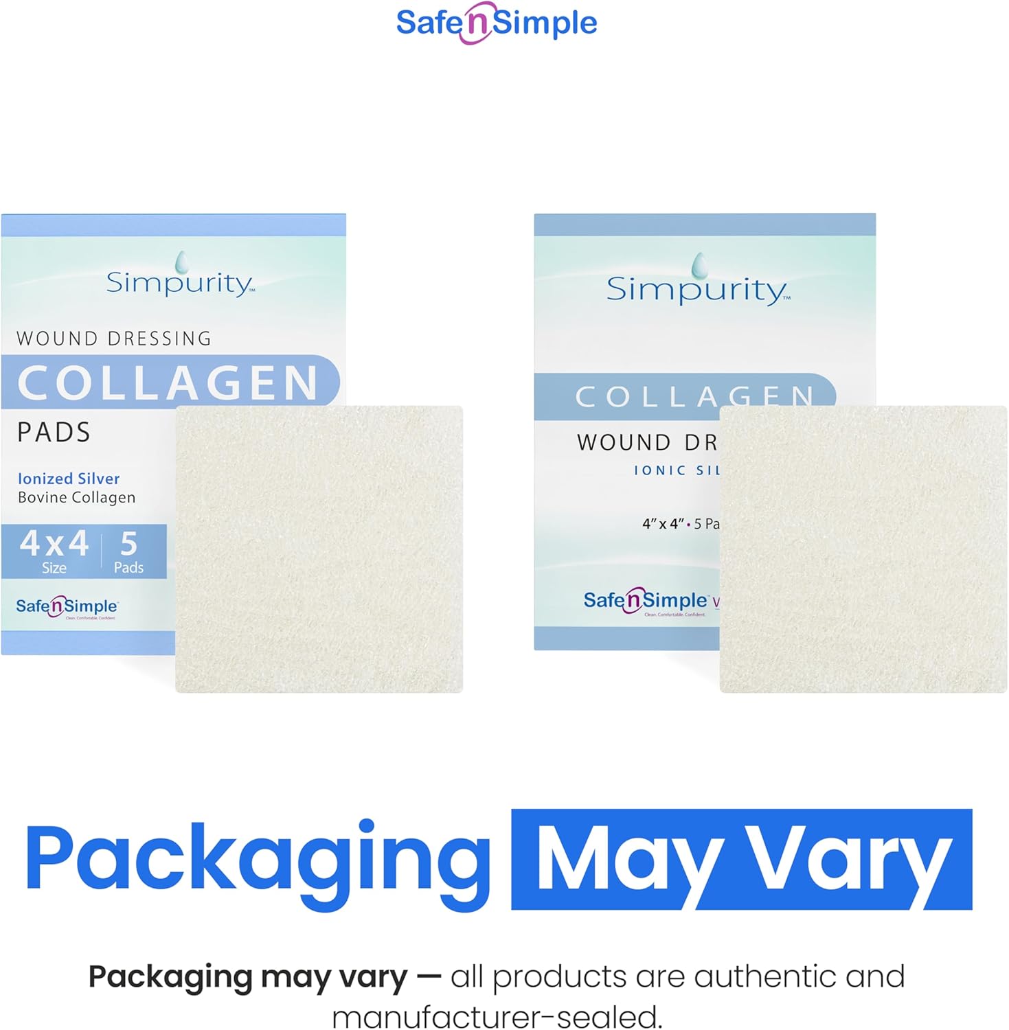Silver Collagen Dressing Pads - 4" x 4" 5 Count Silver Collagen Pads for Wounds - Non-Adherent Collagen Dressing for Wound Care - Safe n' Simple Wound Care Supplies.