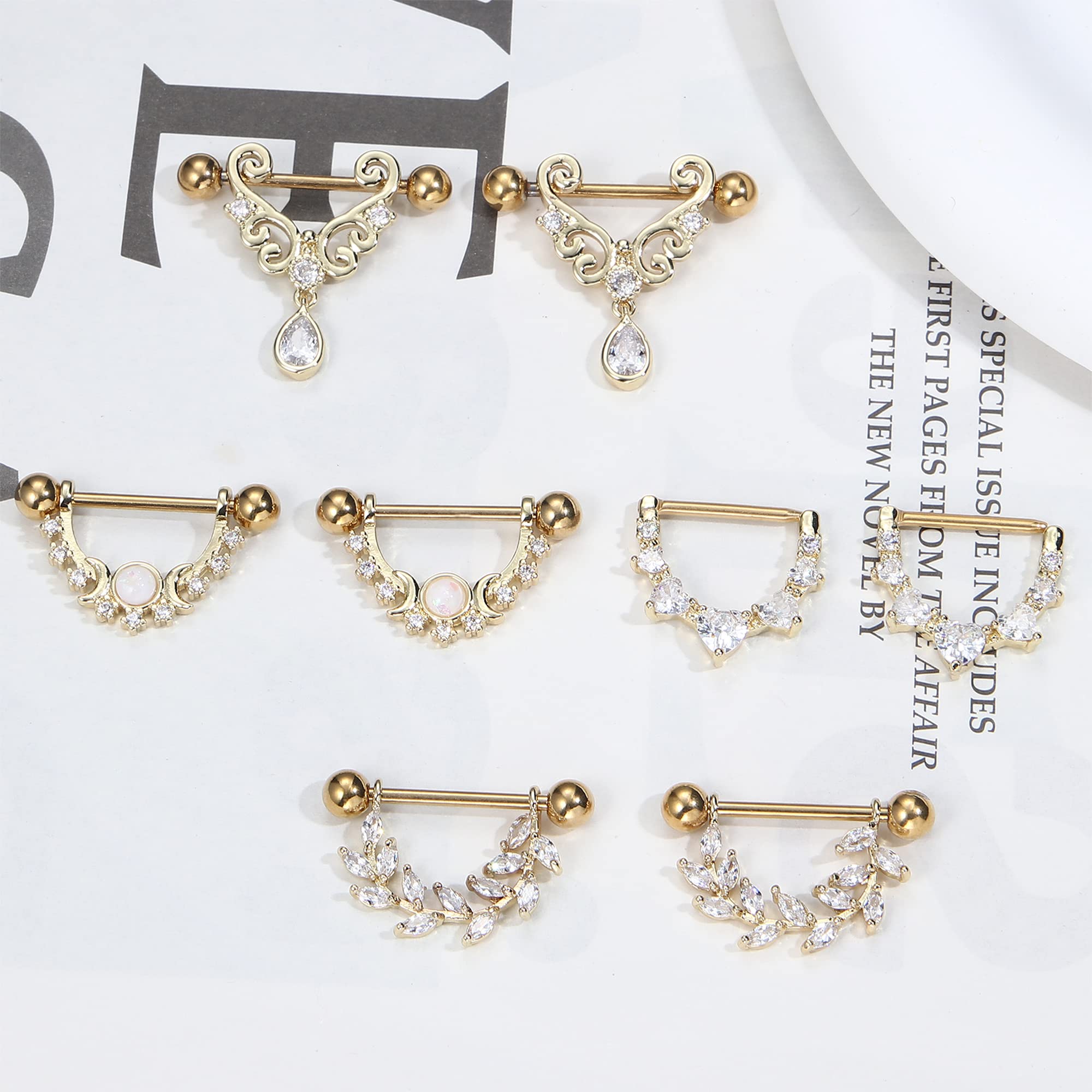 Kakonia 4 Paar 14G Nippelpiercing für Damen 316L Edelstahl Teardrop Heart Moon Star Opal Leaf CZ Barbell Brustwarzenpiercing Set Süße Nipple Piercing