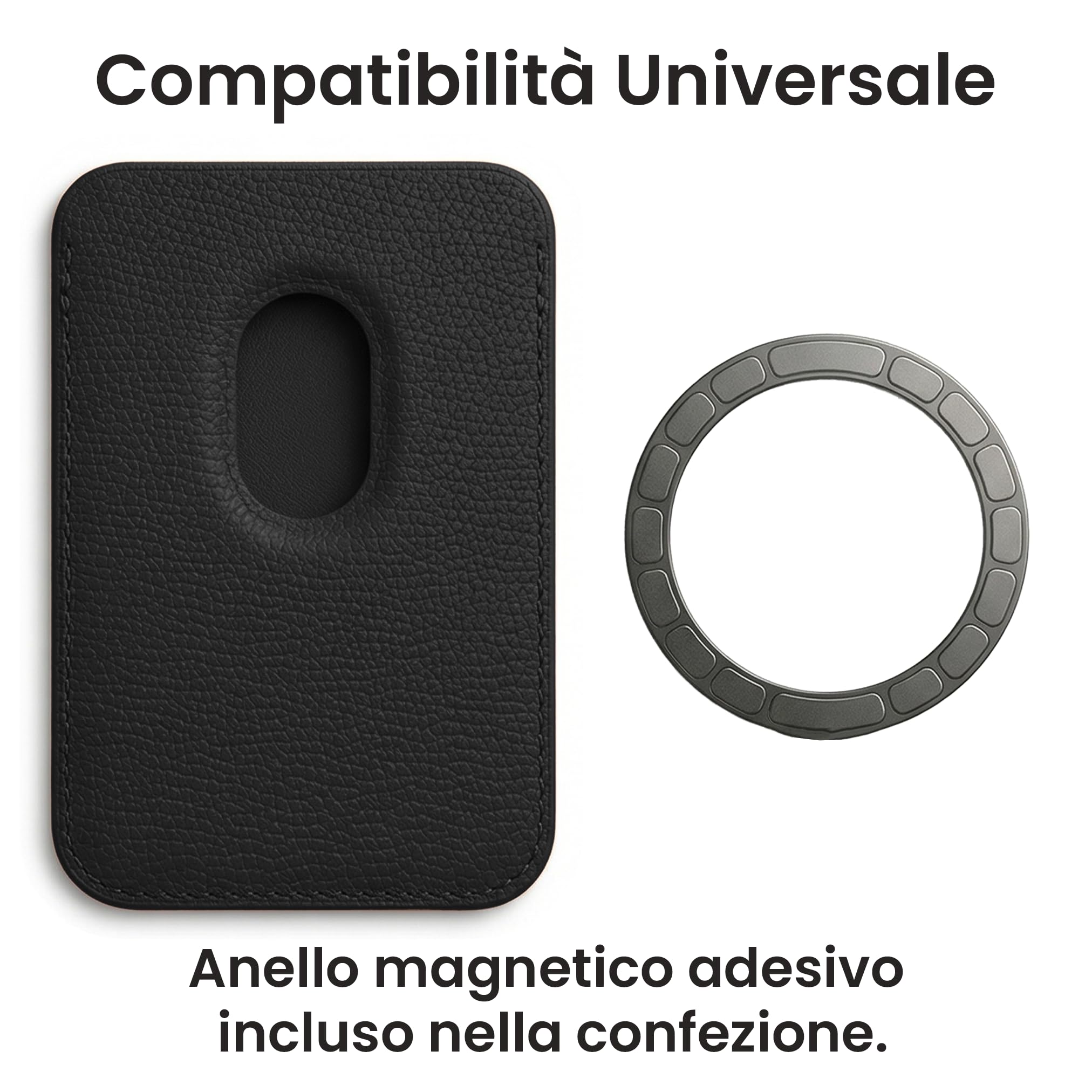 TECHMADE Juventus Portacarte Compatibile MagSafe per iPhone, Anello Adattatore Incluso - Spazio per 3 Carte o Contanti, Sistema di Estrazione Rapida - Blocco RFID, in Eco-Pelle Vegana (NERO)