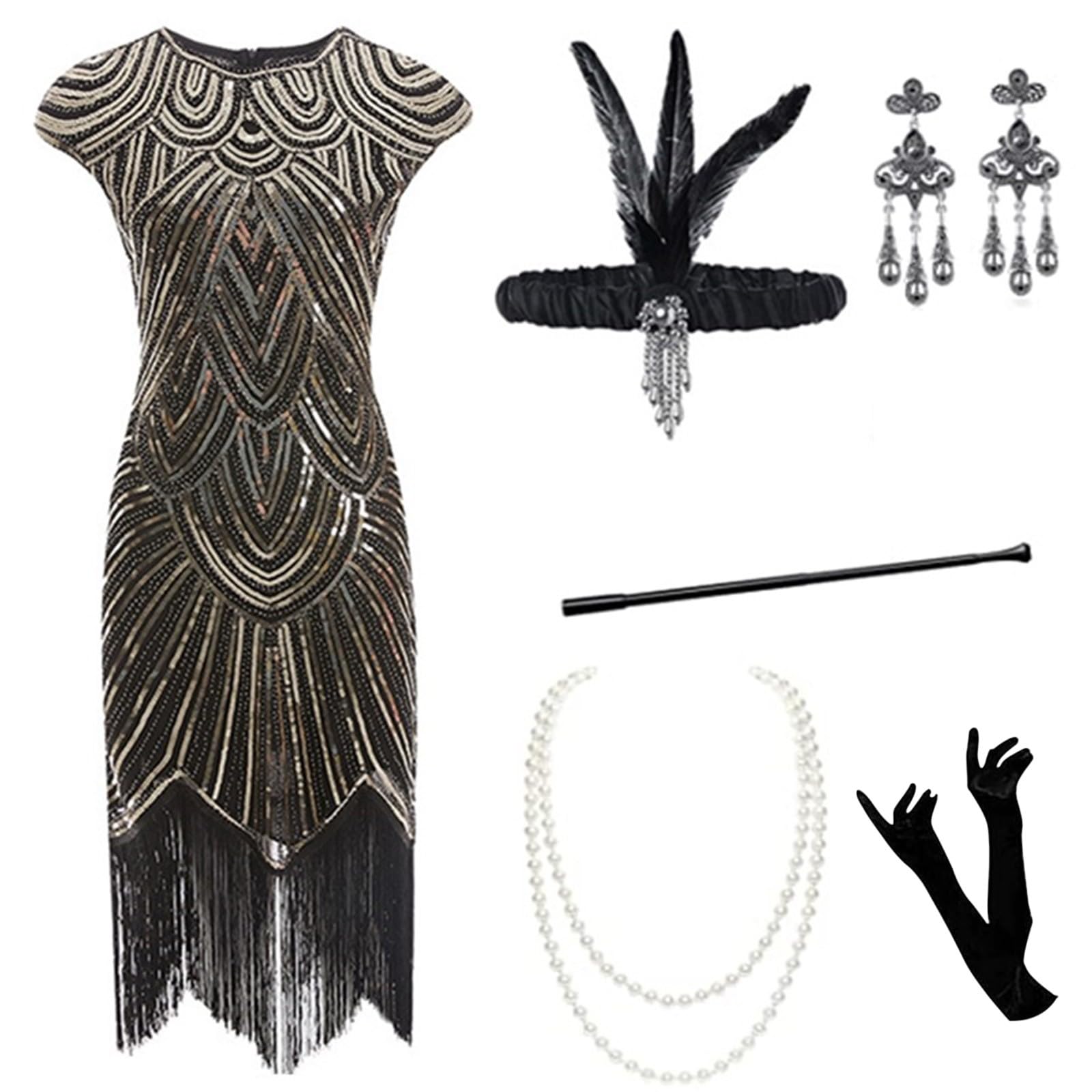 082 Abito da donna Mardi vintage con paillettes e frange set plus size abito formale