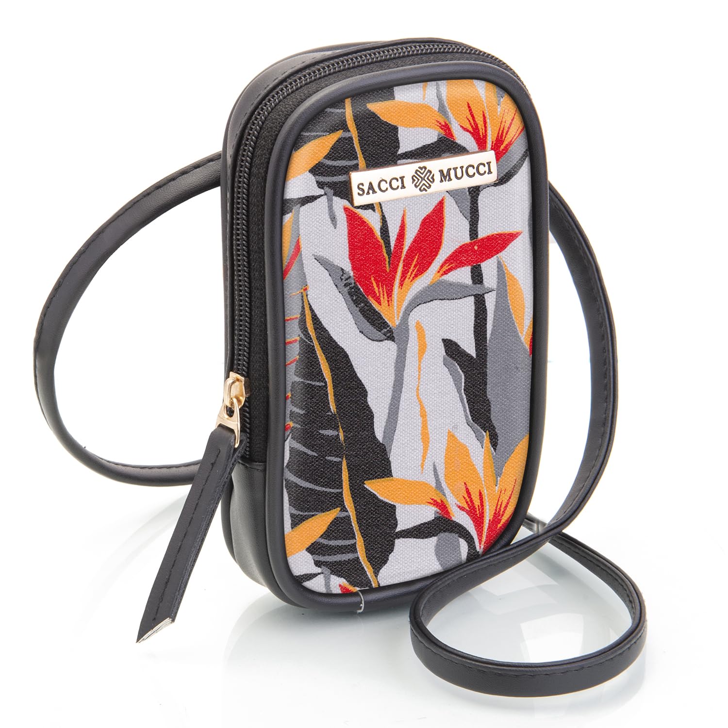 SACCI MUCCI Designer Faux Leather And Canvas Mobile Sling Bag For Women Stylish | Birthday Gift Item - Exotic Jungle (Black) (B0CP117HH9) Amazon Price History, Amazon Price Tracker