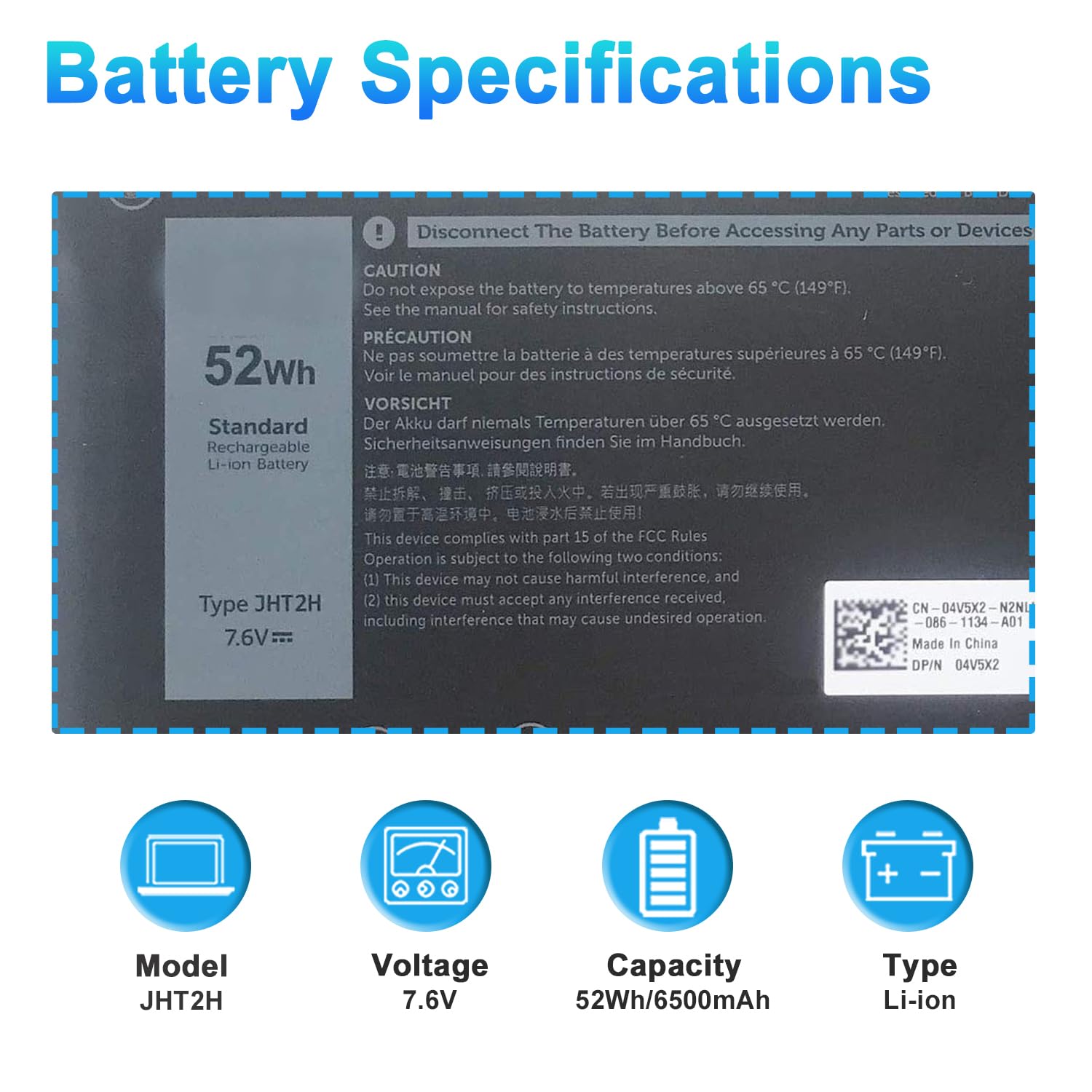 Amazon.com: Kappir Batería para laptop de 52 Wh JHT2H para Dell