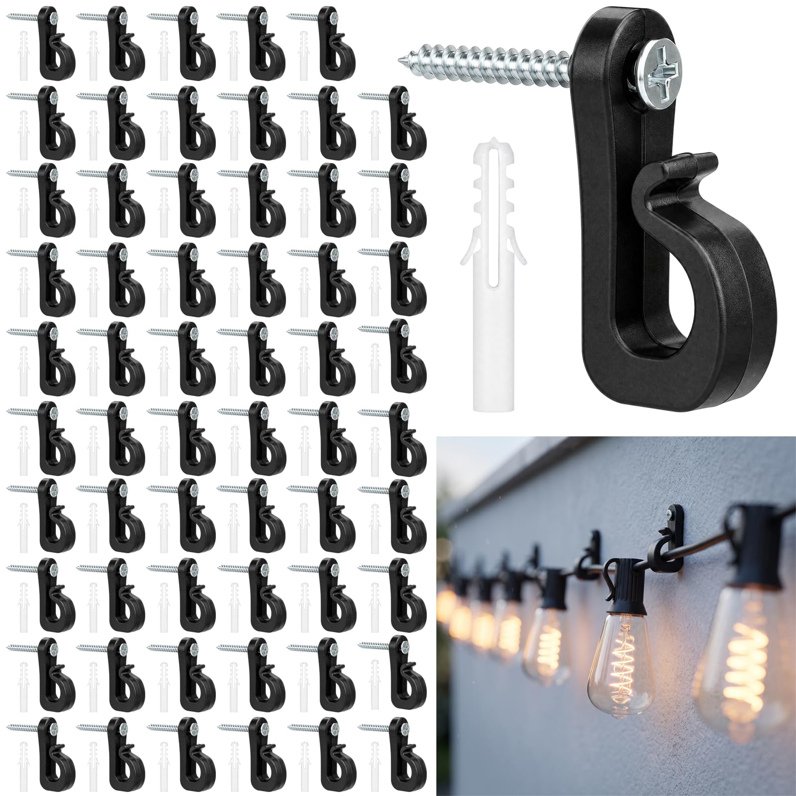 60 Pcs Outdoor Light Hooks, with 60 Expansion Anchors for Hanging Plants