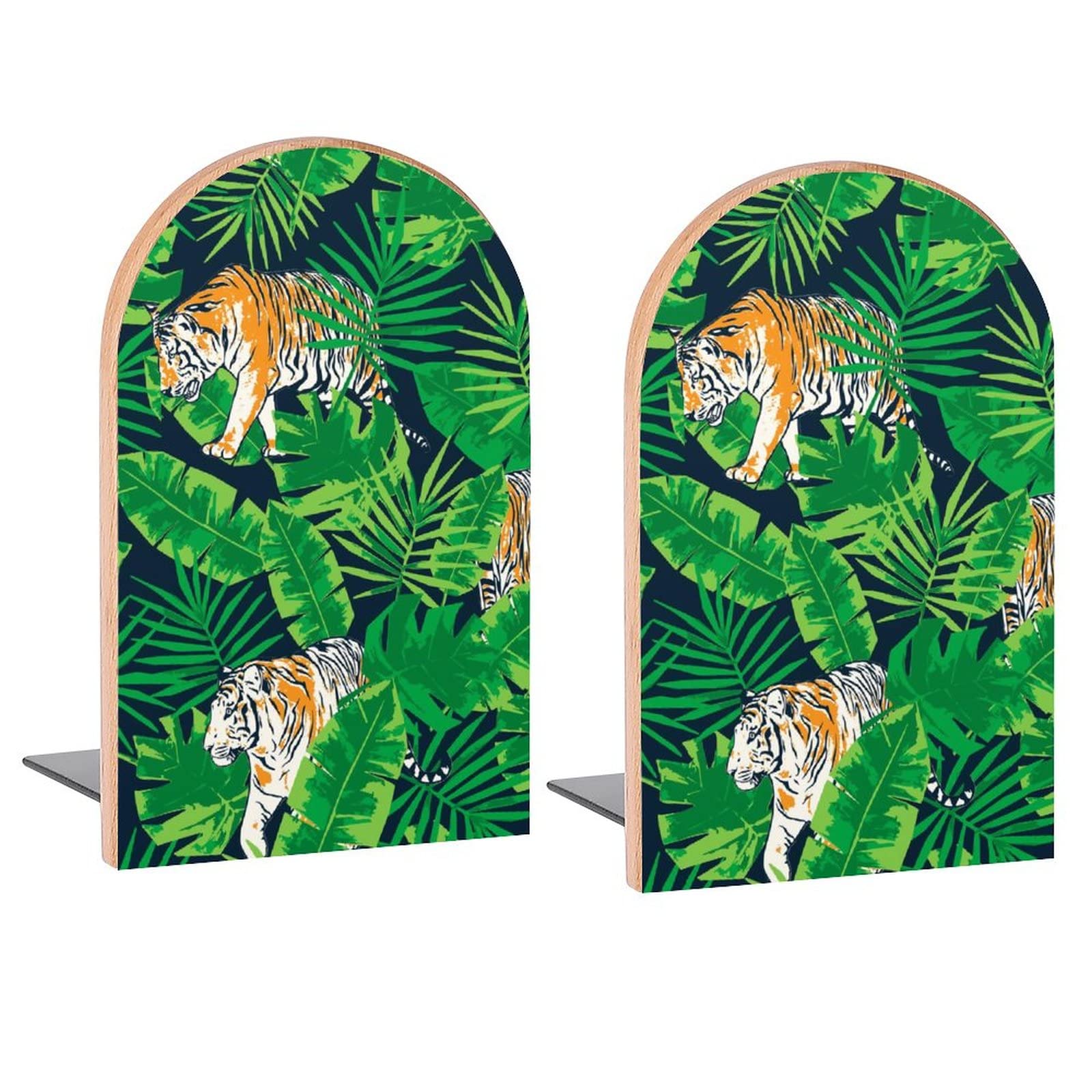 Juzgtsit Tiger Green Jungle Ti-Ger Green Leaves Jungle Book Ends Decorative Wood Bookends For Shelves Room Desk Home Office Book Stoppers For Magazines,Books, Dvds 2 Pieces