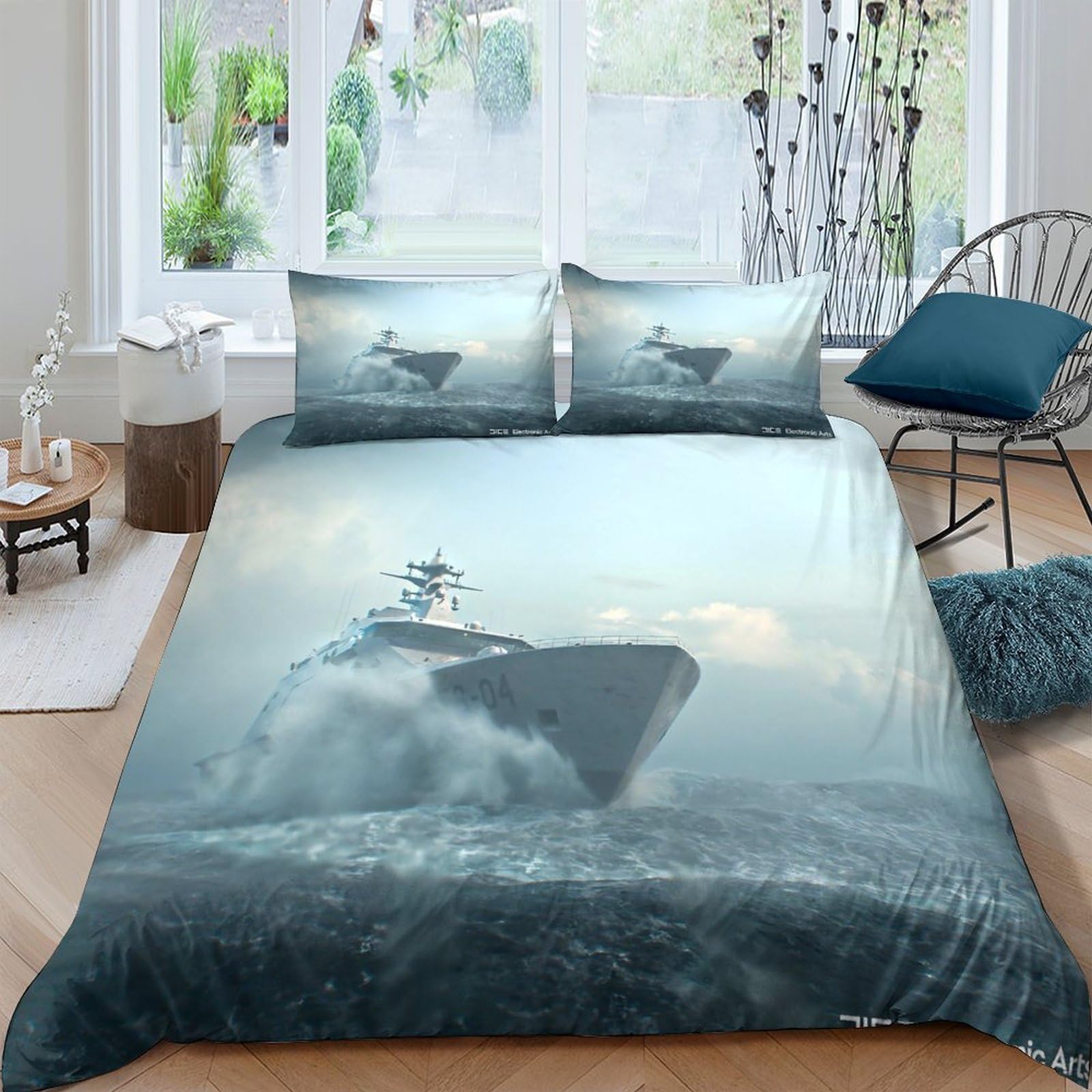 Ctjqhvkz Style-2 3D Printed Ocean Battleship Fitted Sheet Microfiber Soft Blue Sea Warship Mattress Cover For Bedroom Guest Room Decor Single（135X200cm）