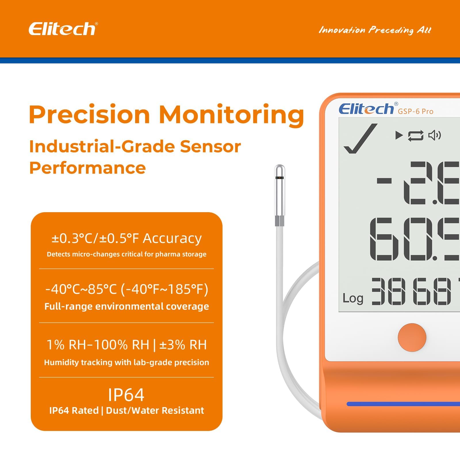 Elitech Rejestrator temperatury Bluetooth 1 sonda żelowa i 1 sonda TH z danymi cienia, raport PDF CSV 100 000 punktów, certyfikat kalibracji lodówki aptecznej, GSP-6Pro GLE+THE
