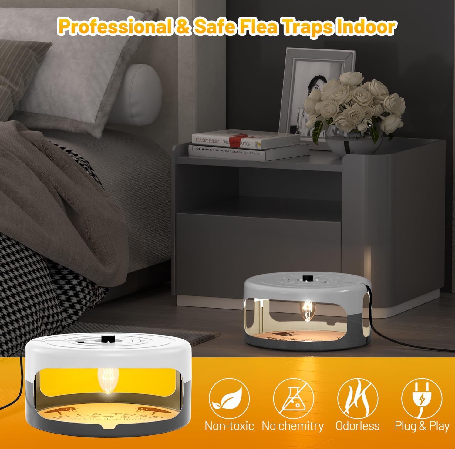 2 Pack Flea Traps for Inside Your Home, Indoor Flea Light, Bed Bug Killer with 8 Sticky Pads & 4 Light Bulb, Odorless Natural Insect Infestation Treatment Trap for Kid Pet White Grey