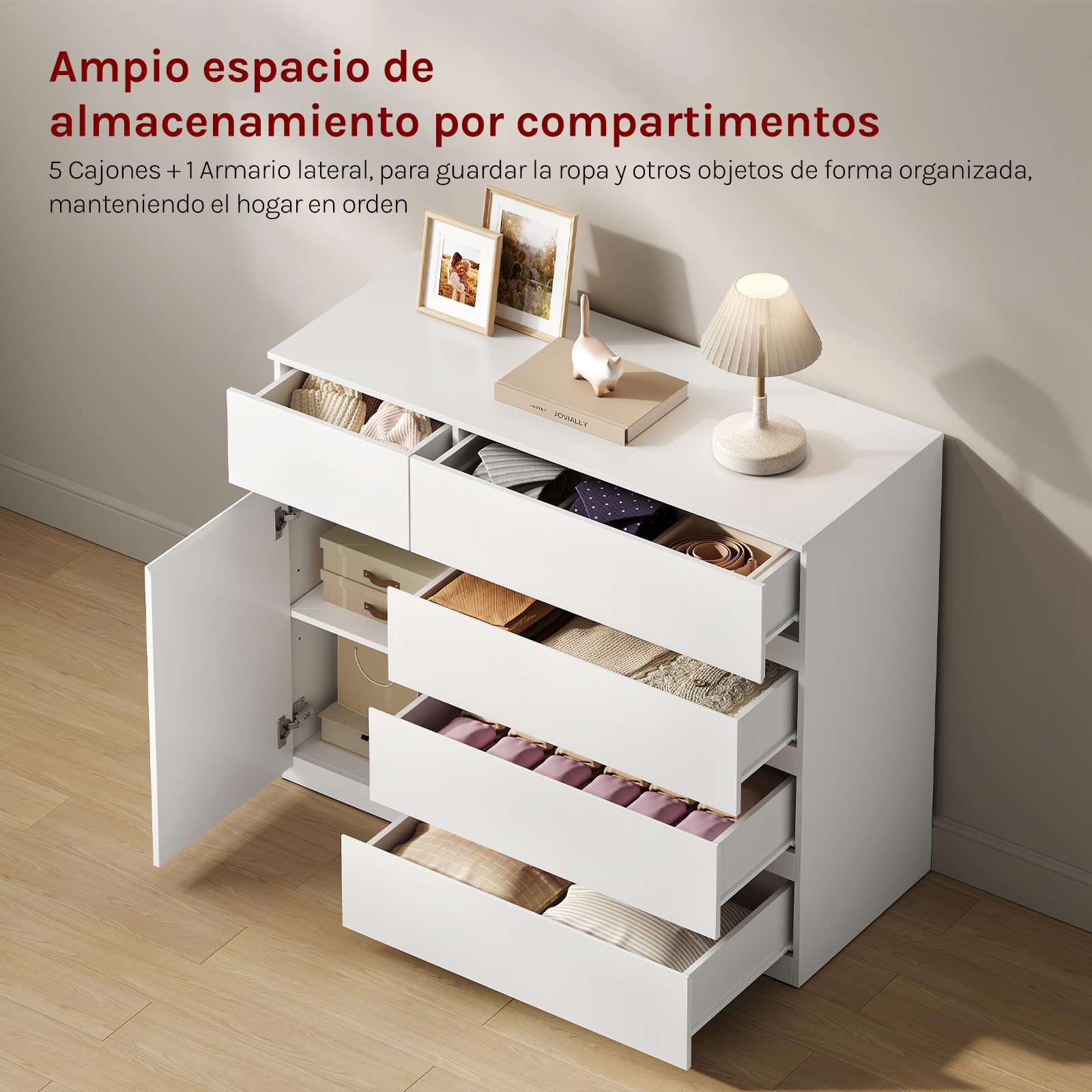 WOLTU Cómoda Cajonera de 5 Cajones y 1 Puerta con Estante Ajustable, Cajonera Organizador de Almacenamiento, para Dormitorio, Salón y Pasillo, 100x40x80 cm, Blanco