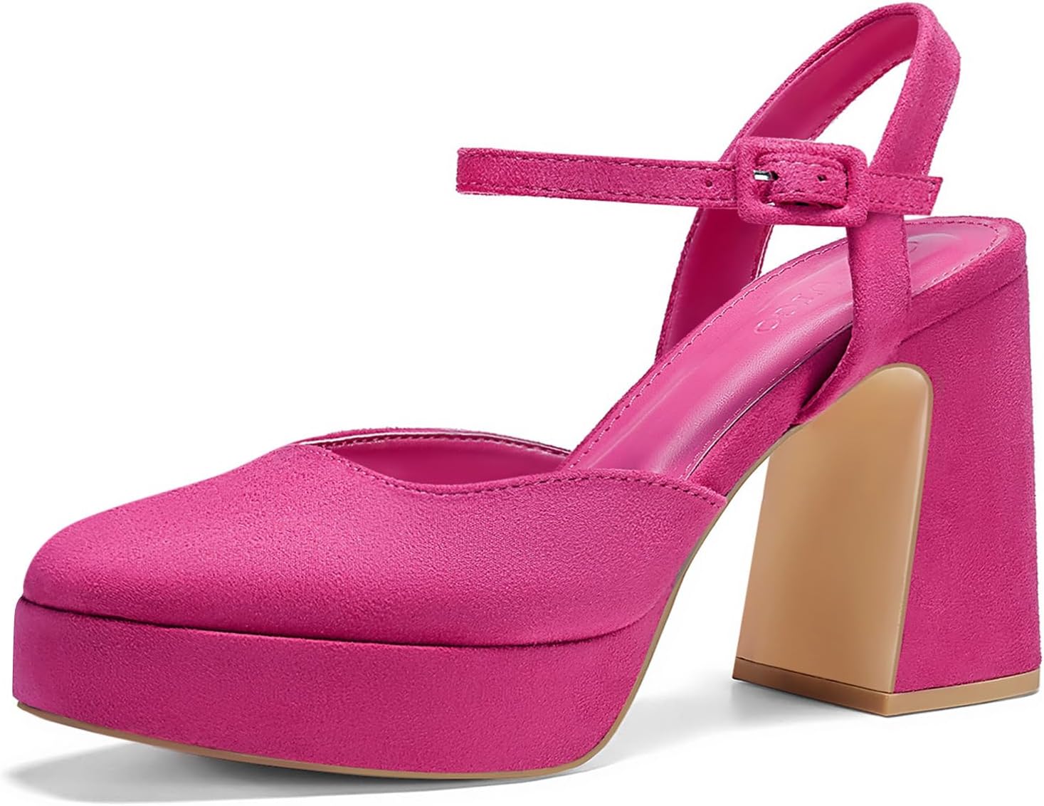 Coutgo Women’s Chunky Platform High Heels Closed Toe Ankle Strap Pumps Wedding Party Dress Shoes Hot Pink