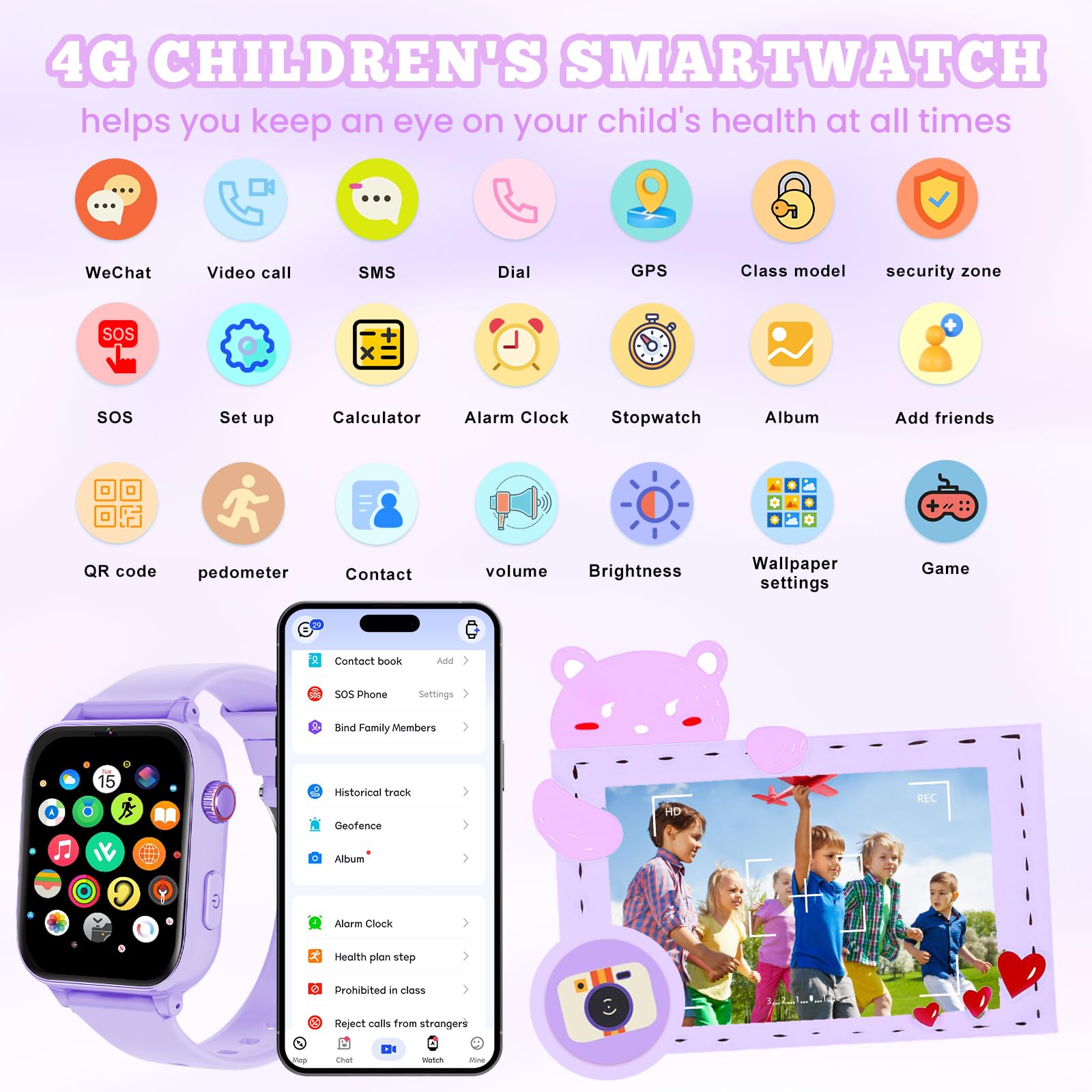4G Smartwatch Bambini, Kids Smart Watch Intelligente con GPS, SOS, WIFI, Chat Vocale, Videochiamata, Modo Classe, Giochi Sveglia Contapassi Ragazzi Ragazze Orologio Regalo 4 ai 12 anni, Viola