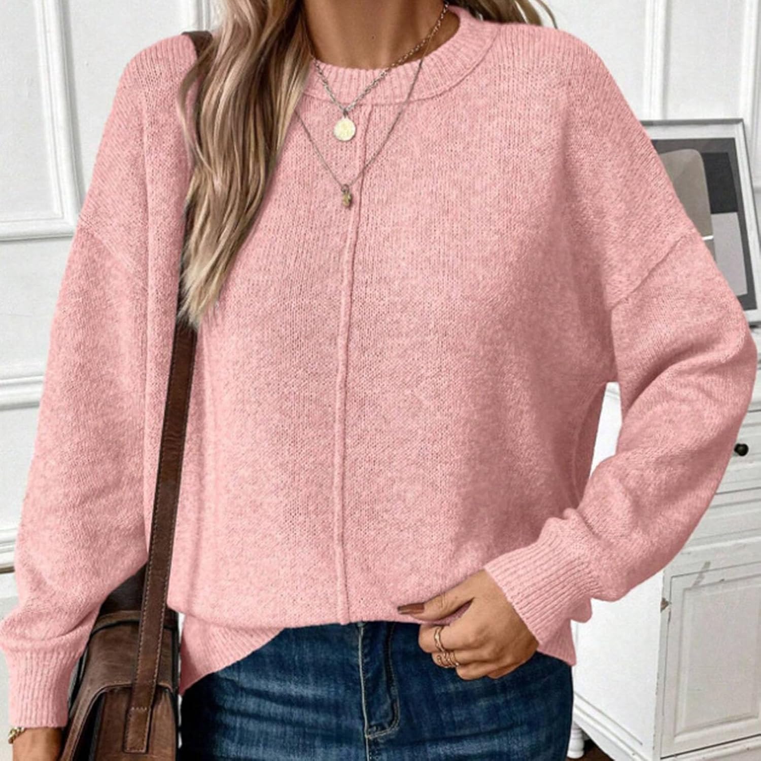 Womens Crewneck Sweater Long Sleeve Casual Knit Pullover Top | Women's Crewneck Sweater With Lightweight Knit, Long Sleeves And Relaxed Fit For Fall, Winter, Work And Everyday Wear