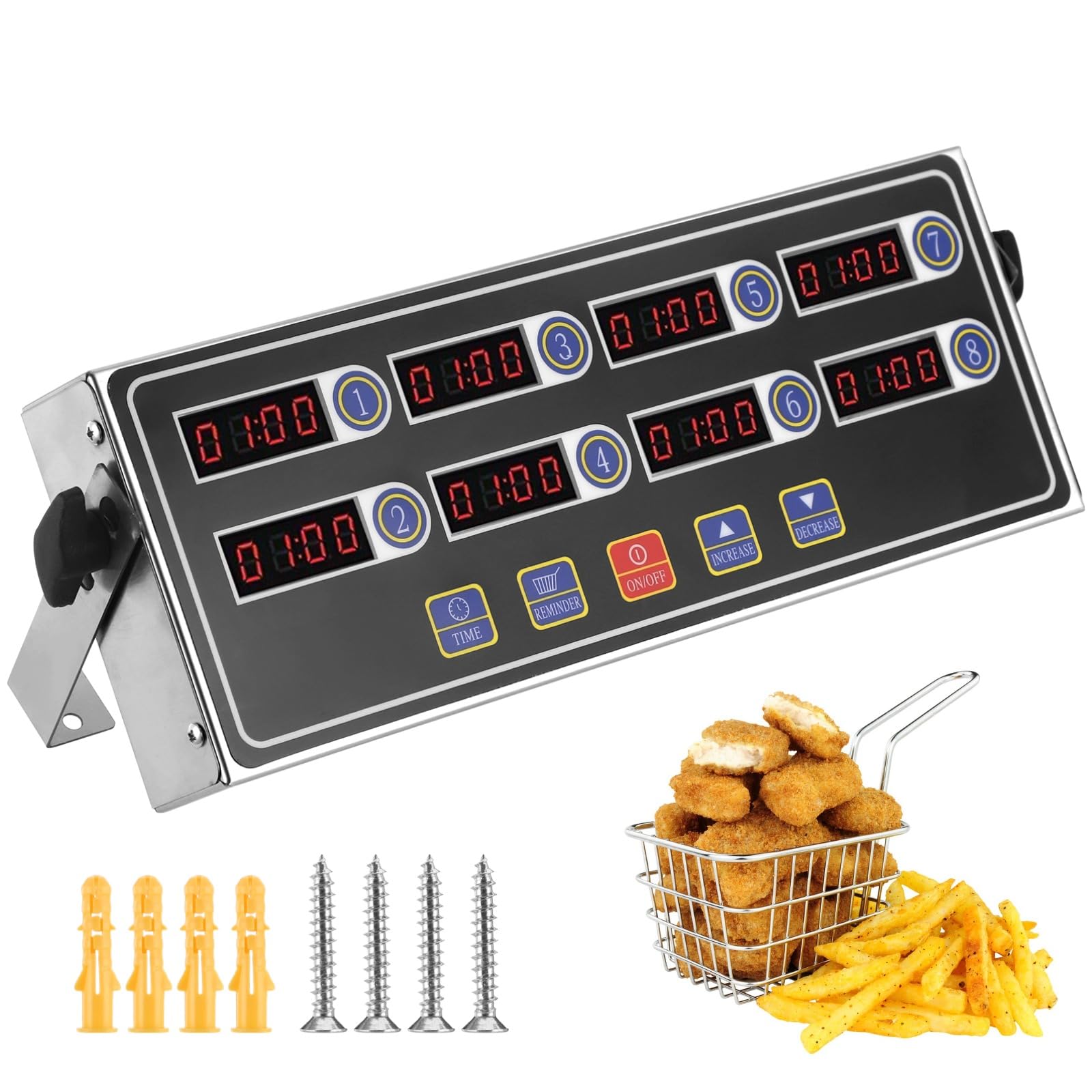 Temporizador digital de cocina de 8 canales, temporizador de cocina comercial de acero inoxidable con pantalla LED grande y alarma fuerte, cuenta regresiva precisa multitarea para restaurantes, 11.8 x