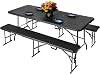 6ft Folding Table & Folding Bench Seat Set - Functional, Easy-to-Fold-and-Store Furniture for Indoor and Outdoor Use with Wood Grain Pattern, Heavy-Duty Black Plastic Surfaces & Steel Frames