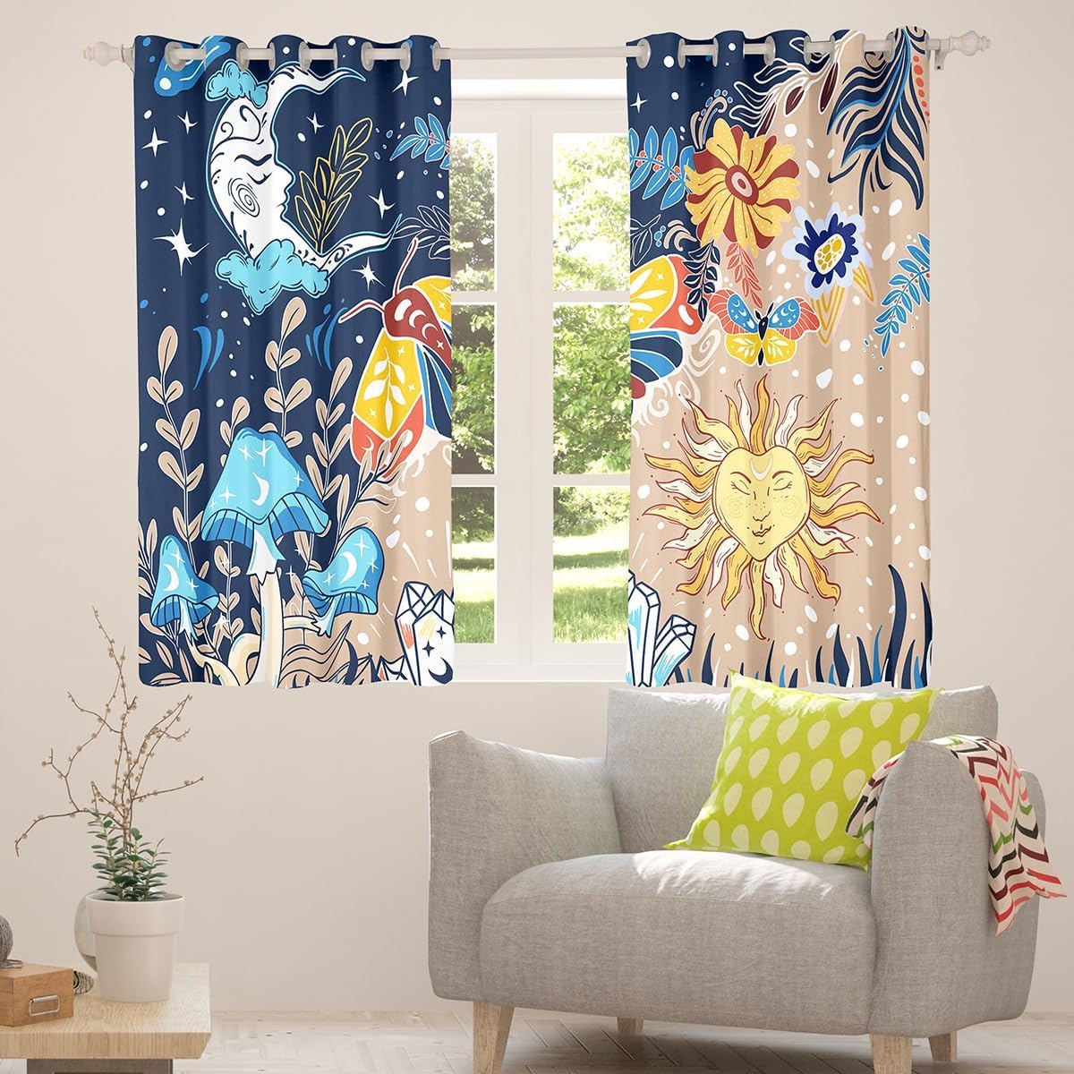 Colorful Cute Moth Kids Window Curtains 2 Panels 52Wx96L Sun Moon Mushroom Glitter Diamond Window Drapes for Boys Girls Teens Adults Cartoon Flowers Wild Butterfly Curtains for Living Room