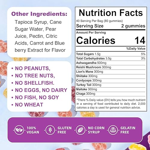 Miniatura 3 de Suplemento de gomitas de hongos orgánicos y funcionales ASHWAGANDHA, REISHI, cola de pavo MAITAKE, SHATAKE Chaga CORDYCEPS BOOSTS Cognitive,