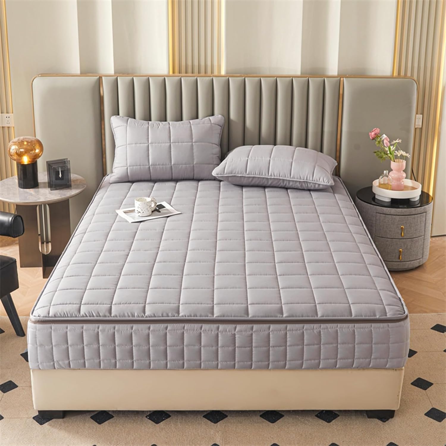 XMAYODS Mattress Covers Double/King Bed with Zipped, Waterproof Quilted Mattress Protectors Single Soft Breathable Fitted Bed Cover with Elasticated(Gray,150x200+25cm)