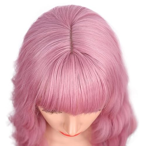 Miniatura 2 de Vigorous Pelucas rosas con flequillo, pelucas largas rosas para mujer, peluca rosa natural, 26 pulgadas, onduladas, color rosa, para Halloween