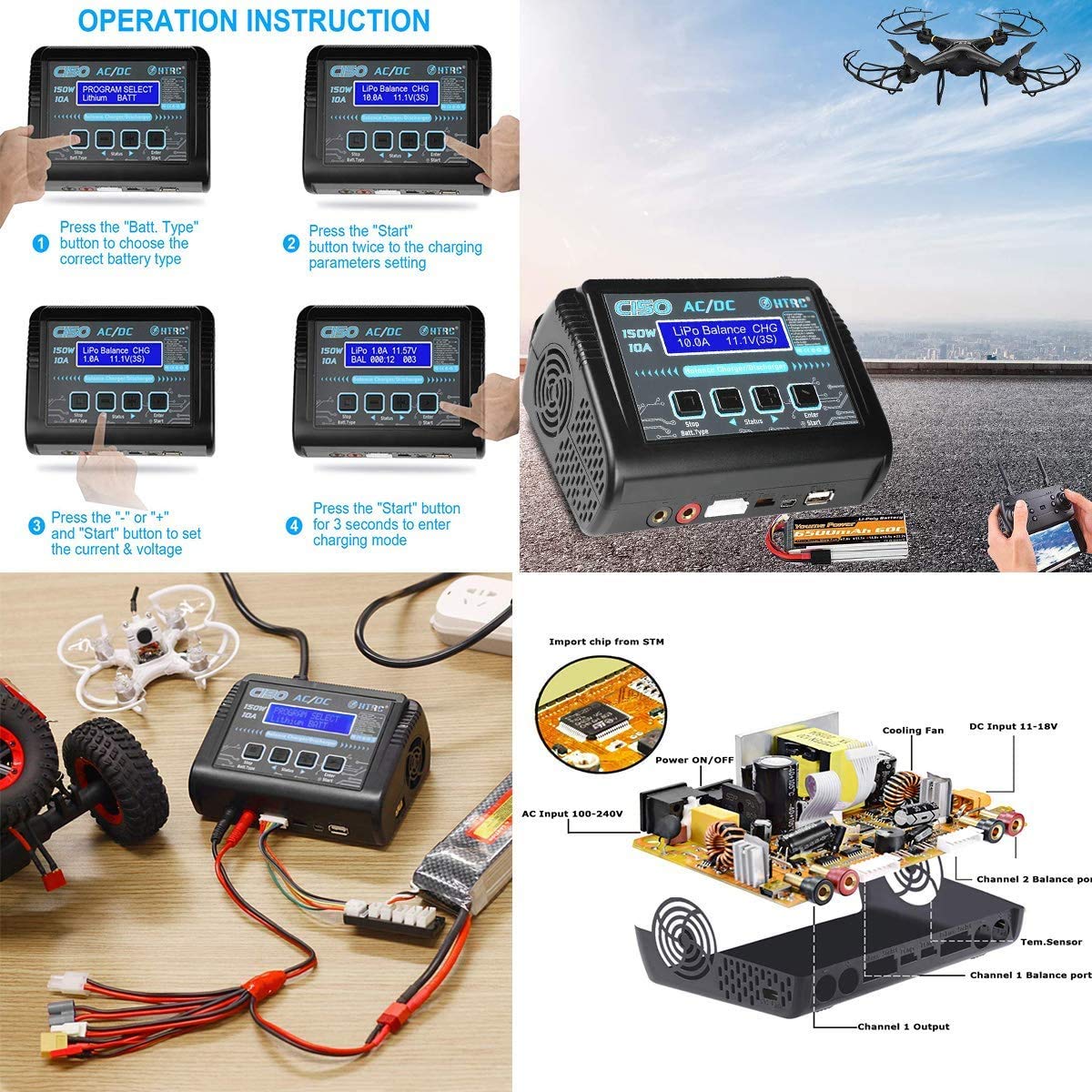YUNIQUE GREEN-CLEAN-POWER - Caricabatteria Lipo RC C150 150W 10A | Compatibile con Batterie Tello DJI, 7.4V 1200mAh, 3.7V 2000mAh | Per Drone Radiofly Space Kondor, Nero
