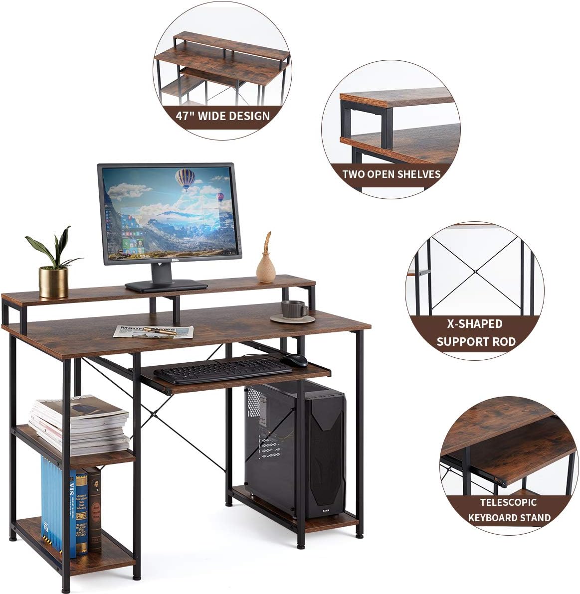 MELLCOM Industrial Computer Writing Desk, Large Writing Desk for Home Office, Computer Desk with 2 Adjustable Storage Shelves on Left or Right Side and 2 Headset Hooks (46.5 Inch)