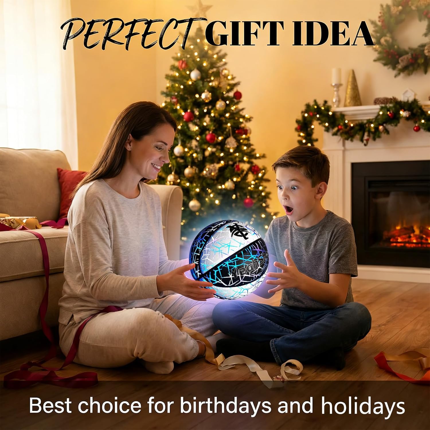 Glow in The Dark Basketball - Holographic Glow Light Up Luminous Basketball for Outdoor Training & Night Games A Great Gift for Enthusiasts with Free Air Pump