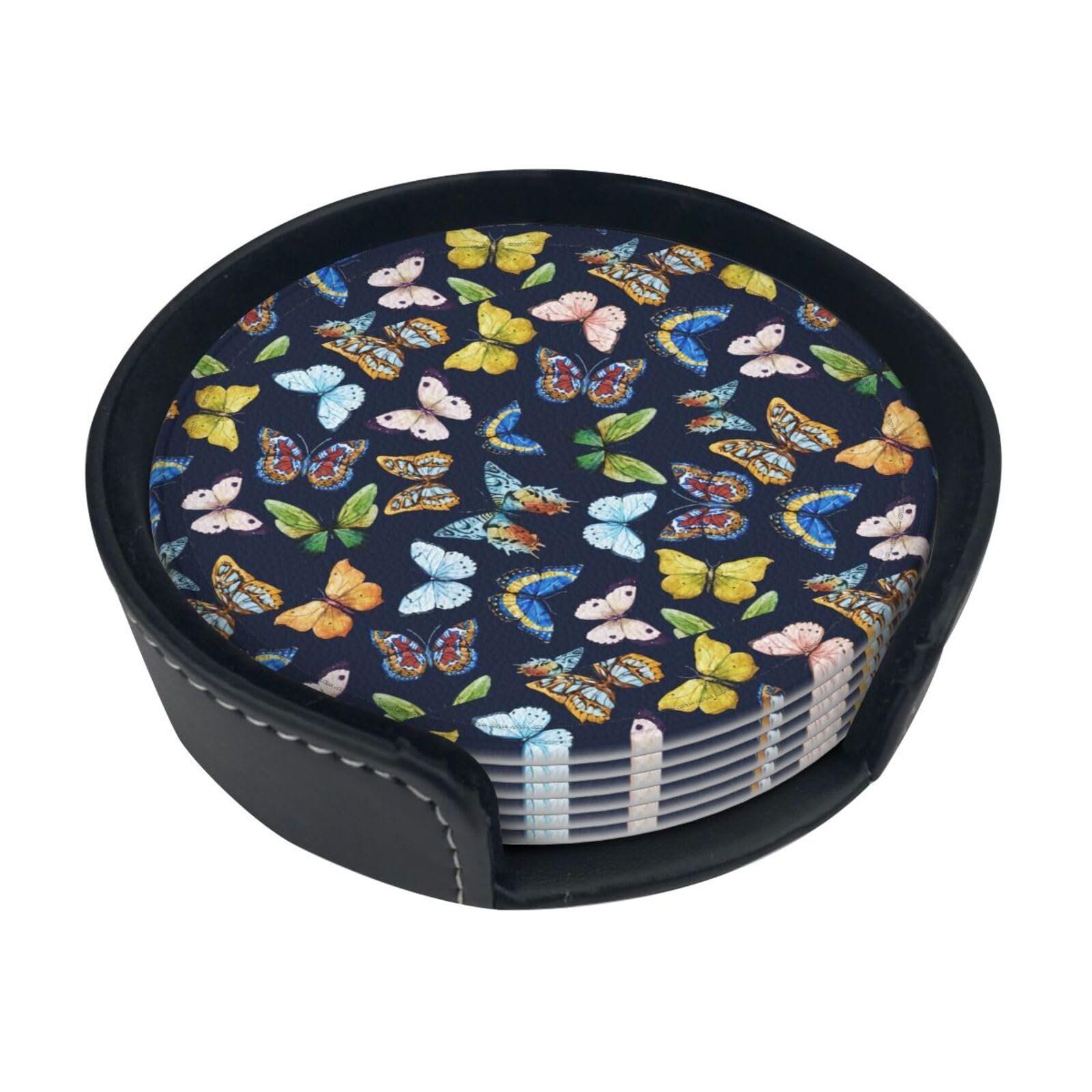 Leaf Colorful Butterfly Print Round Coasters Set Of 6,Coaster For Tabletop Protection Home Bar Decor