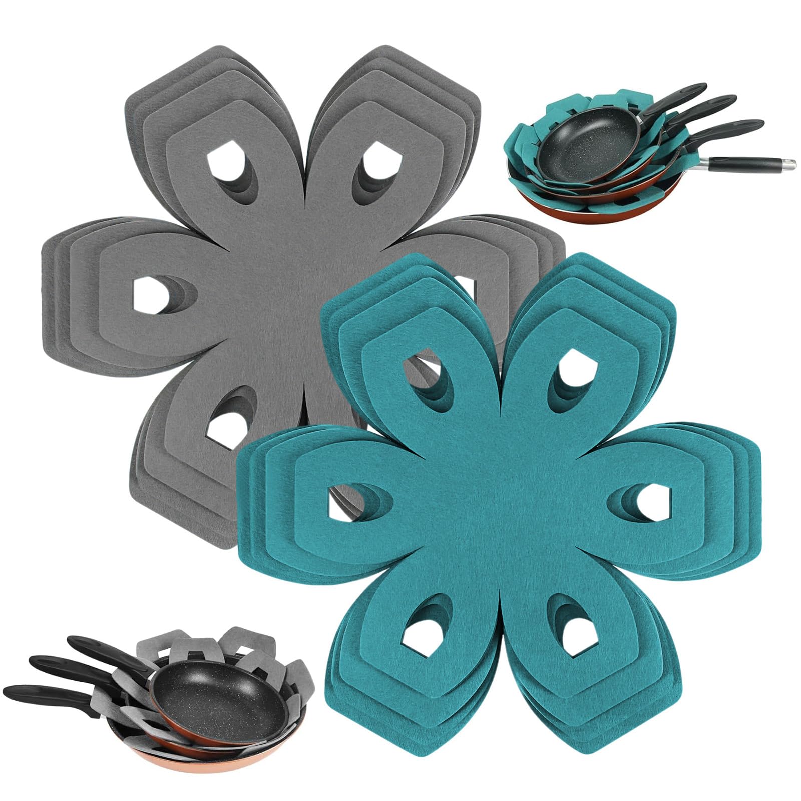 Pot Pan Protectors for Stacking, 8 Pcs 4 Different Sizes Saucepan Protectors, Adjustable Felt Thermal Insulation Mat for Stacking Cookware in Kitchen Cupboard Accessories (Grey, blue)