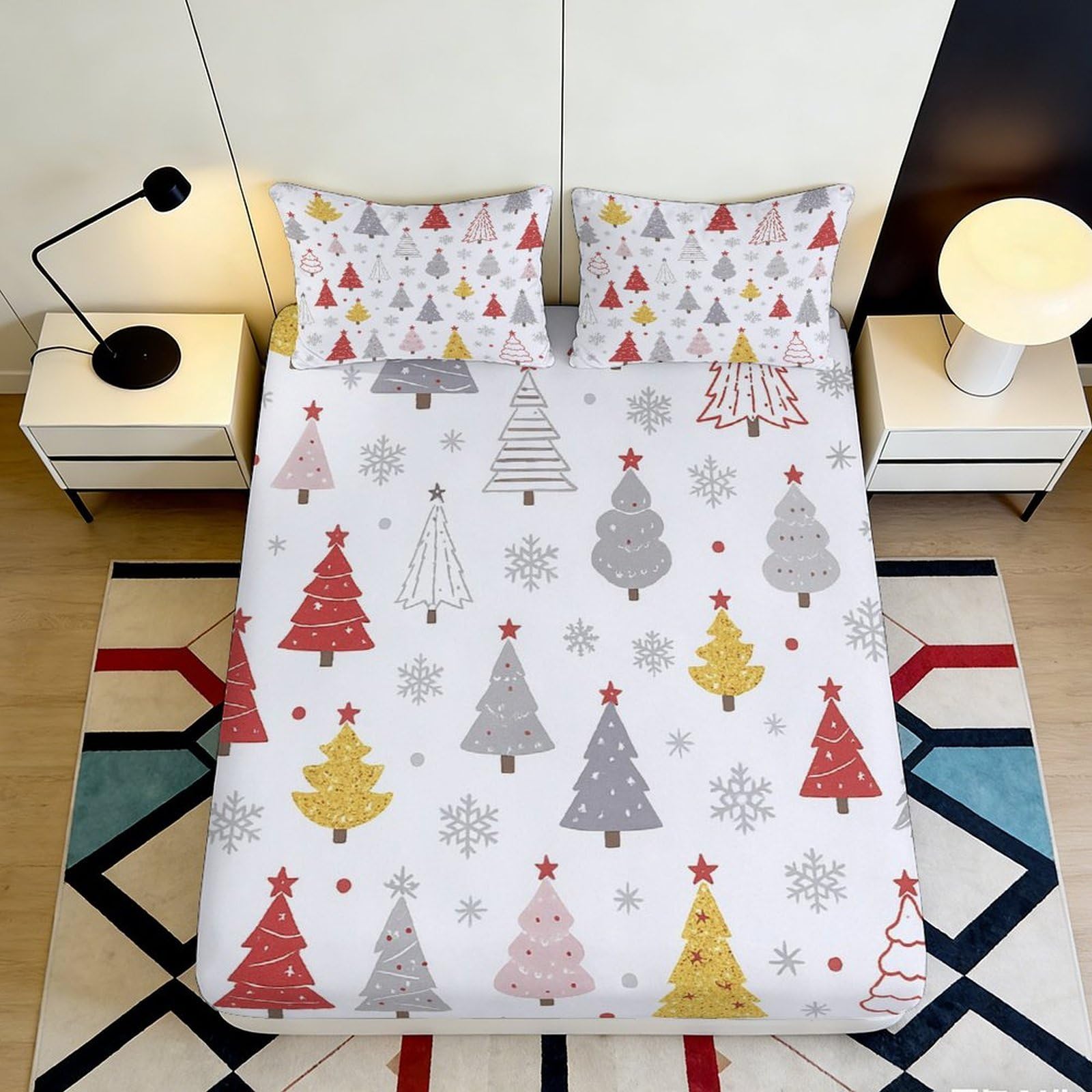 3D Printed Christmas Tree Fitted Sheet Microfiber Snowflake Bed Cover for Bedroom Guest Room Dorm Mattress Protection 200x200x25cm
