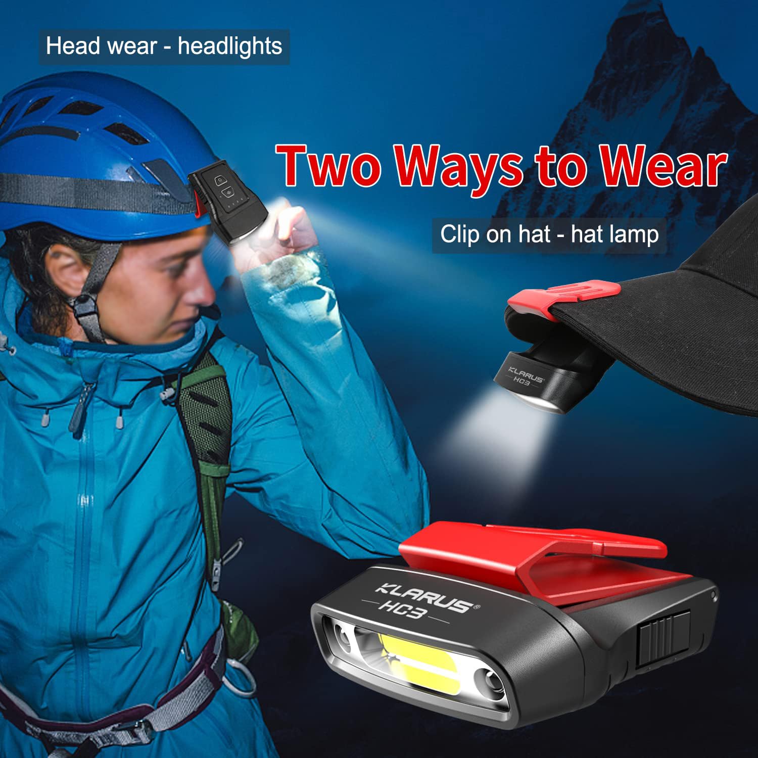 KLARUS HC3 LED Clip On Cap lekka latarka czołowa, USB C,białe i czerwone światło ze sterowaniem czujnikiem, 5 trybów ściemniania, na polowanie, kemping, wędkowanie