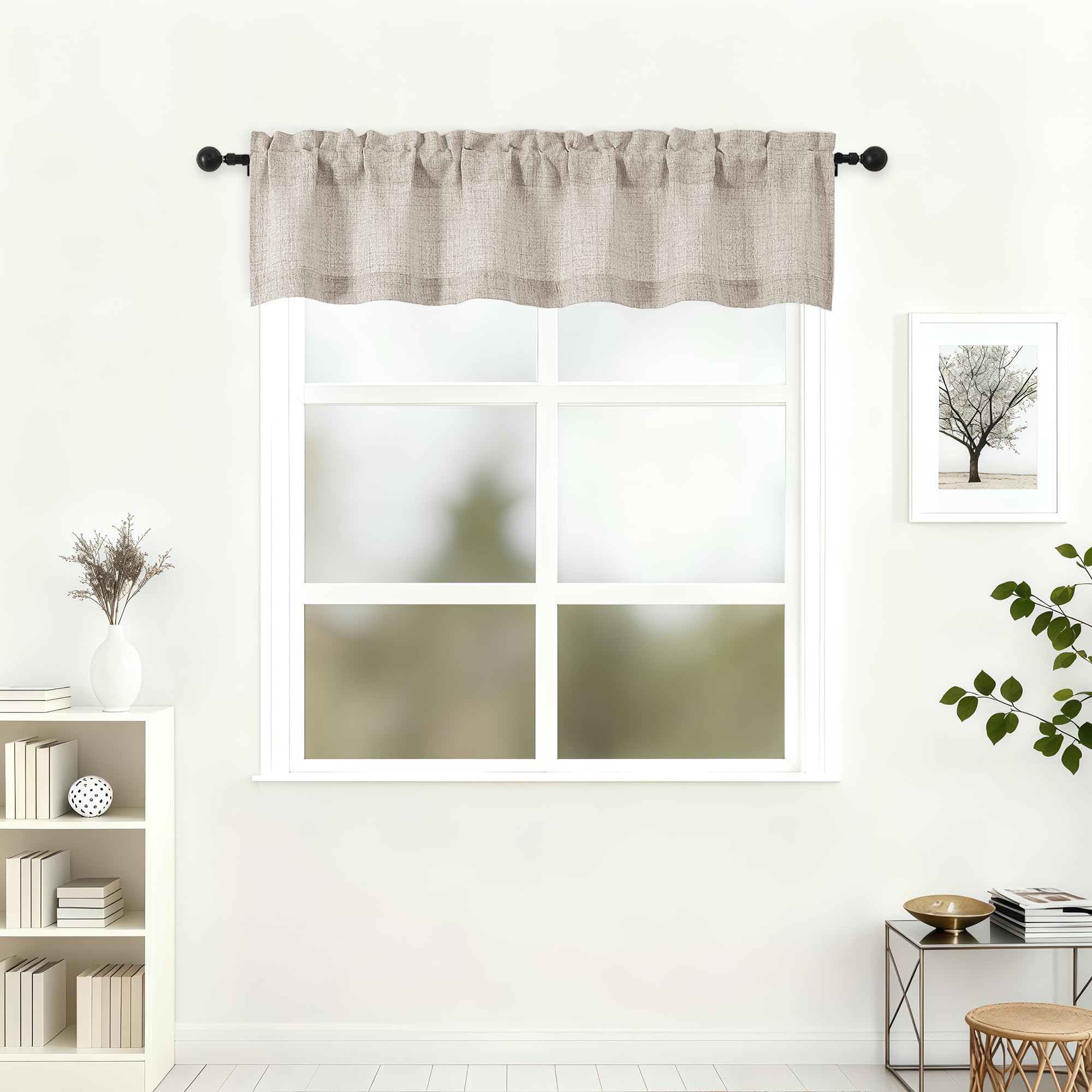 Photo 1 of Lecloud Valance for Window 12 Inch Length, Light Filtering Faux Linen Textured Kitchen Curtains, Airy Short Drapes with Rod Pockets for Bathroom Basement Farmhouse, 60" W x 12" L 1 Panel, Linen Color
