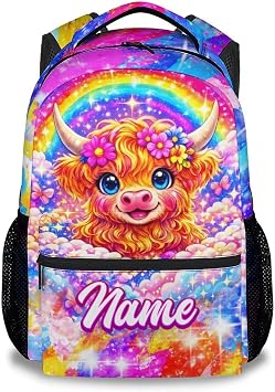 Kids Backpack Girls Customize Highland Cow School Bag with Adjustable Straps, Personalized Backpack for Kindergarten & Elementary, Preschool Bookbag for Girls 17 Inch