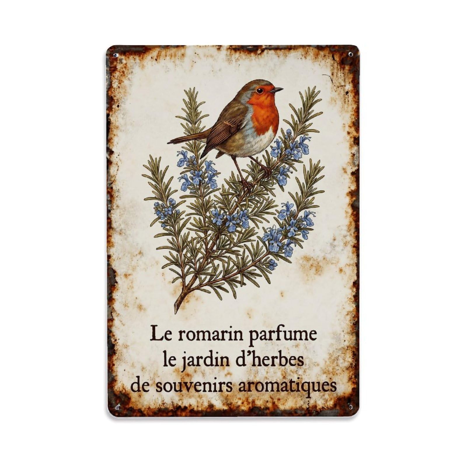 Fqnyr Style Robin Bird Garden Quote Rosemary Herb Metal Tin Sign Plaque Wall Decor For Cafe, Club Bar, Office, Home Garden Metal Poster 8X12inch