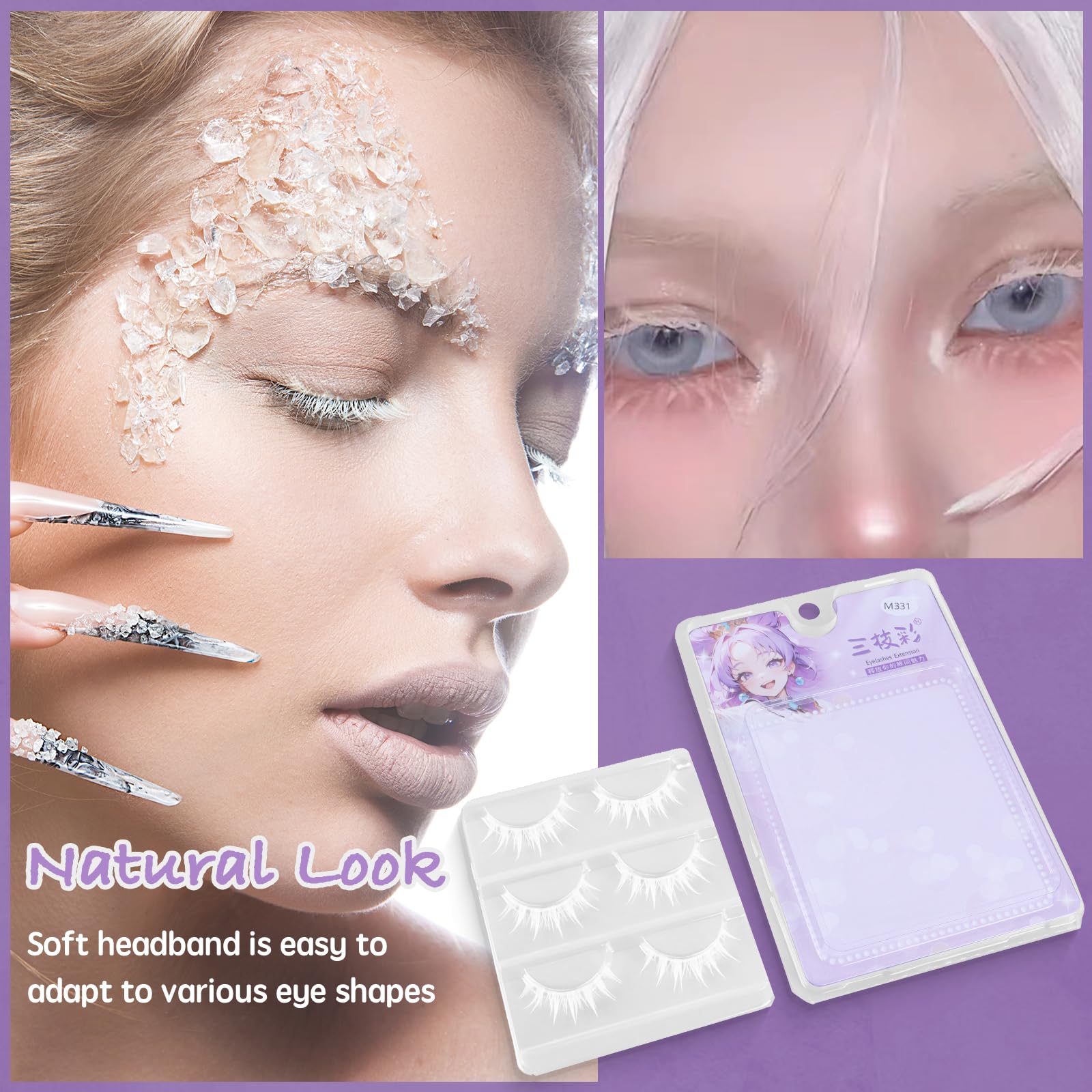 Manga Lashes Natural Wet Look Wispy Spiky Lashes Anime Eyelashes Wispy Natural Lashes Extension Strip Japanese Style Fake Eye Lashes Handmade (White 3 works) - Image 2