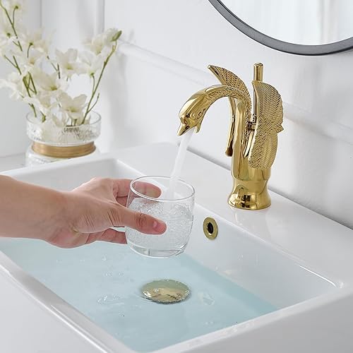 Miniatura 9 de Grifo para lavabo de baño, grifo de cisne dorado, de un solo agujero, grifo mezclador de lavabo con desagüe emergente a juego con desbordamiento y