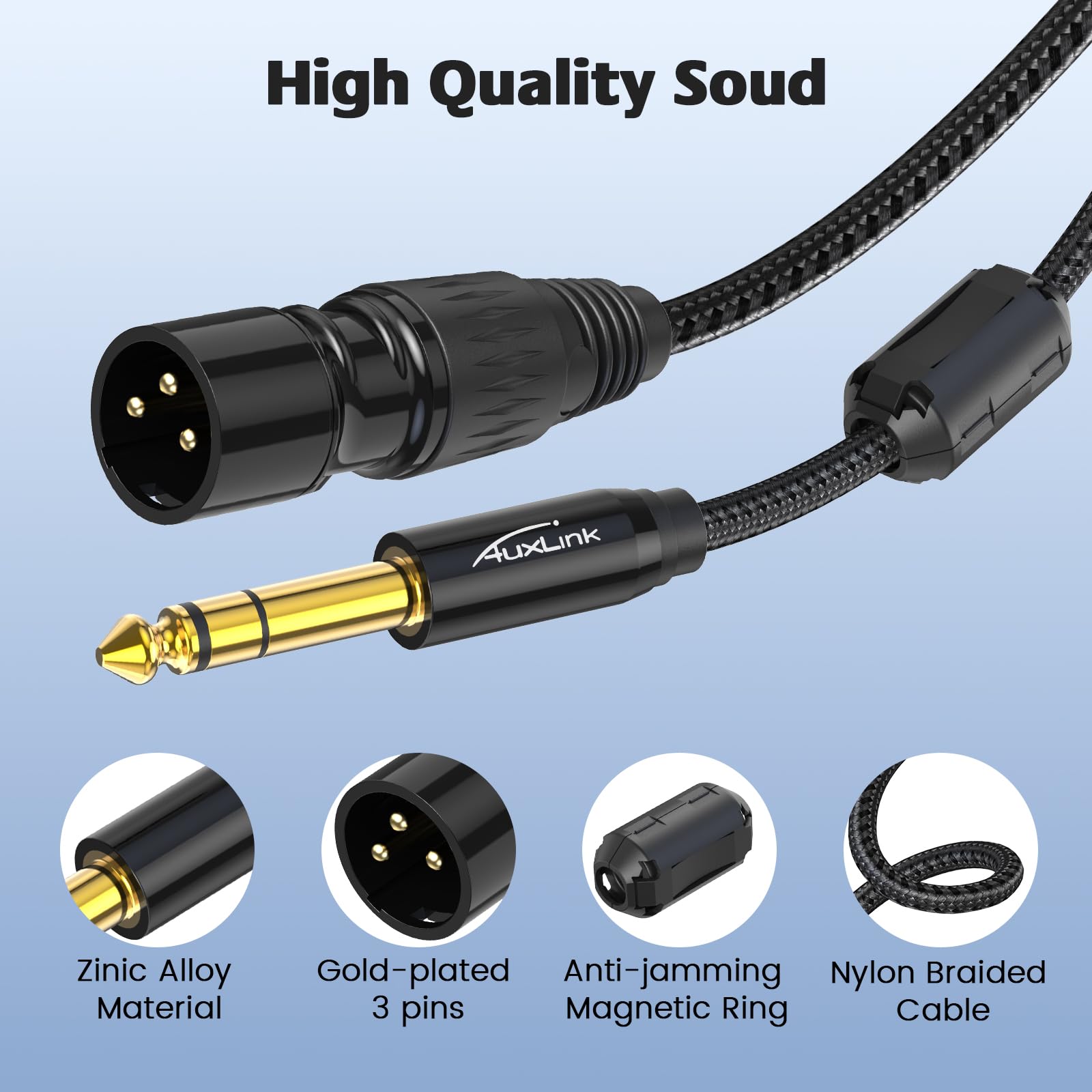 XLR-Stecker auf 1/4, TRS auf 6,35 mm, vergoldete Stecker, Nylon-Geflecht, Viertel-Zoll-auf-XLR-Stecker, Kabel für Lautsprecher, Mischpulte, Verstärker, 3 m, 2 Stück