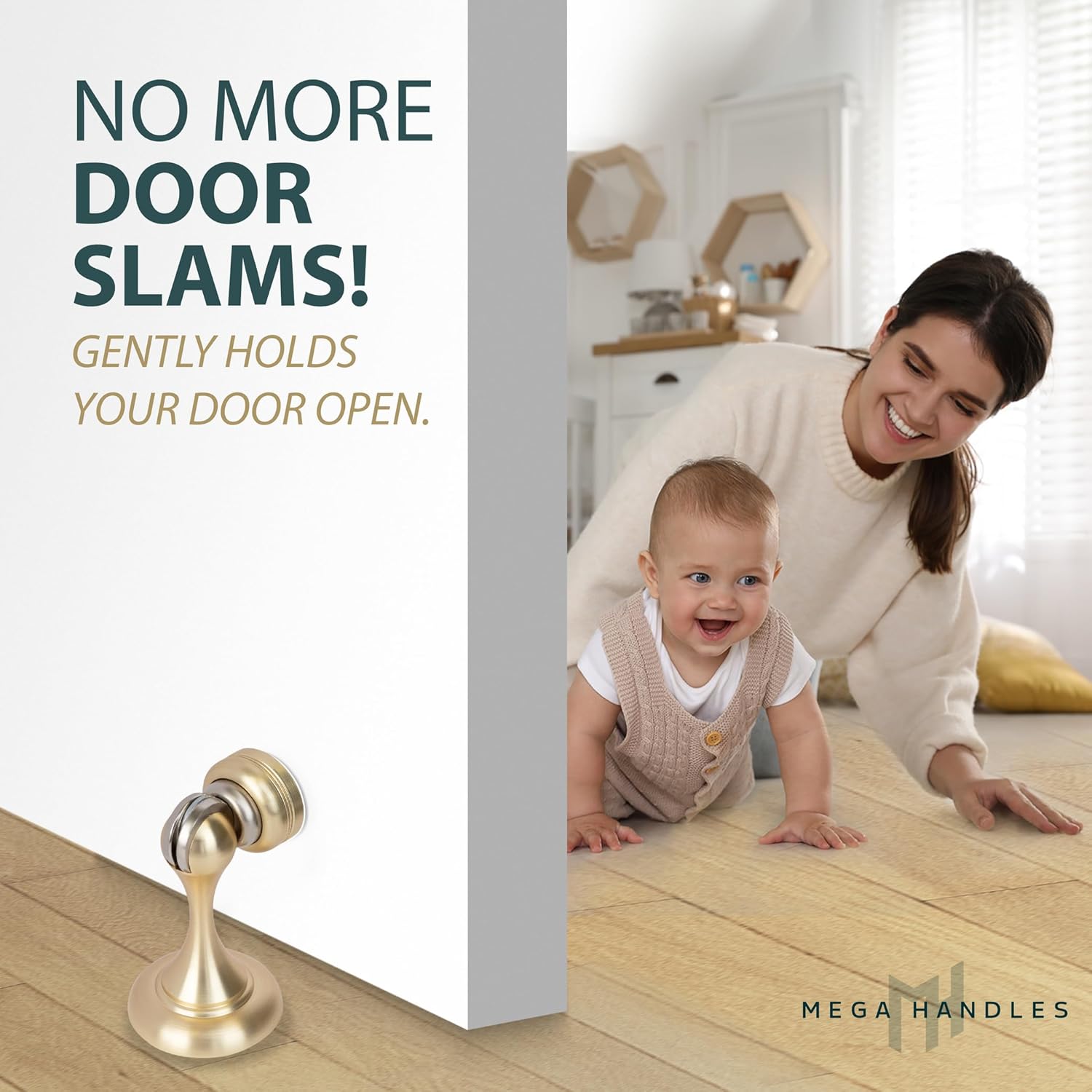 Mega Handles Magnetic Door Stopper, Scratch Free Magnetic Door Catch for Wall, Elegant Magnet Stopper for Floor or Wall - Satin Brass (2 Pack)