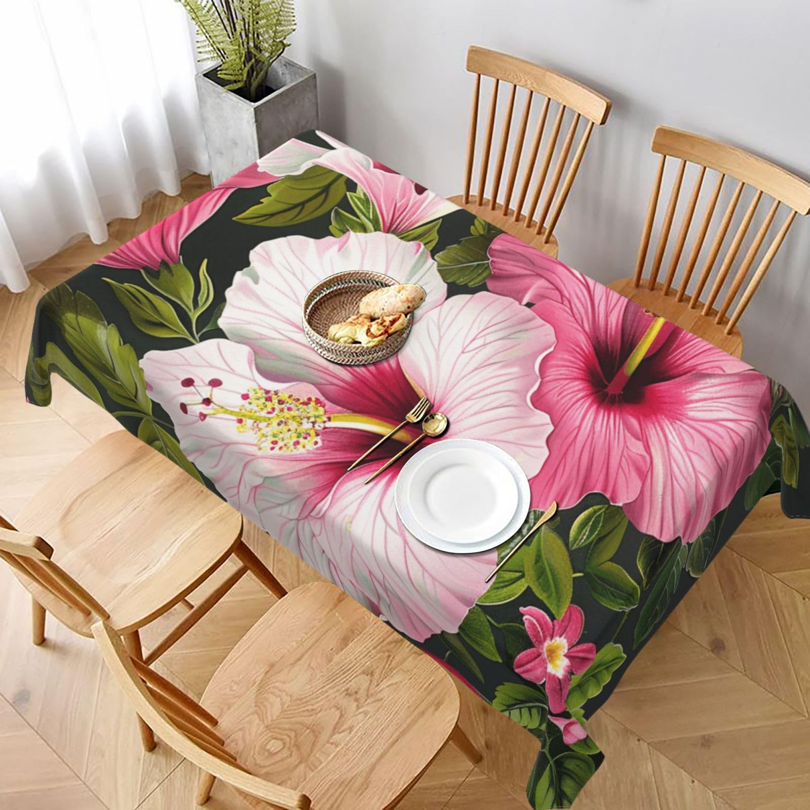 WPKJU Hibiscus Flowers Printed Tablecloth 60x90 in Water Resistant Table Cover Washable Rectangle Table Cloth for Dining Tables