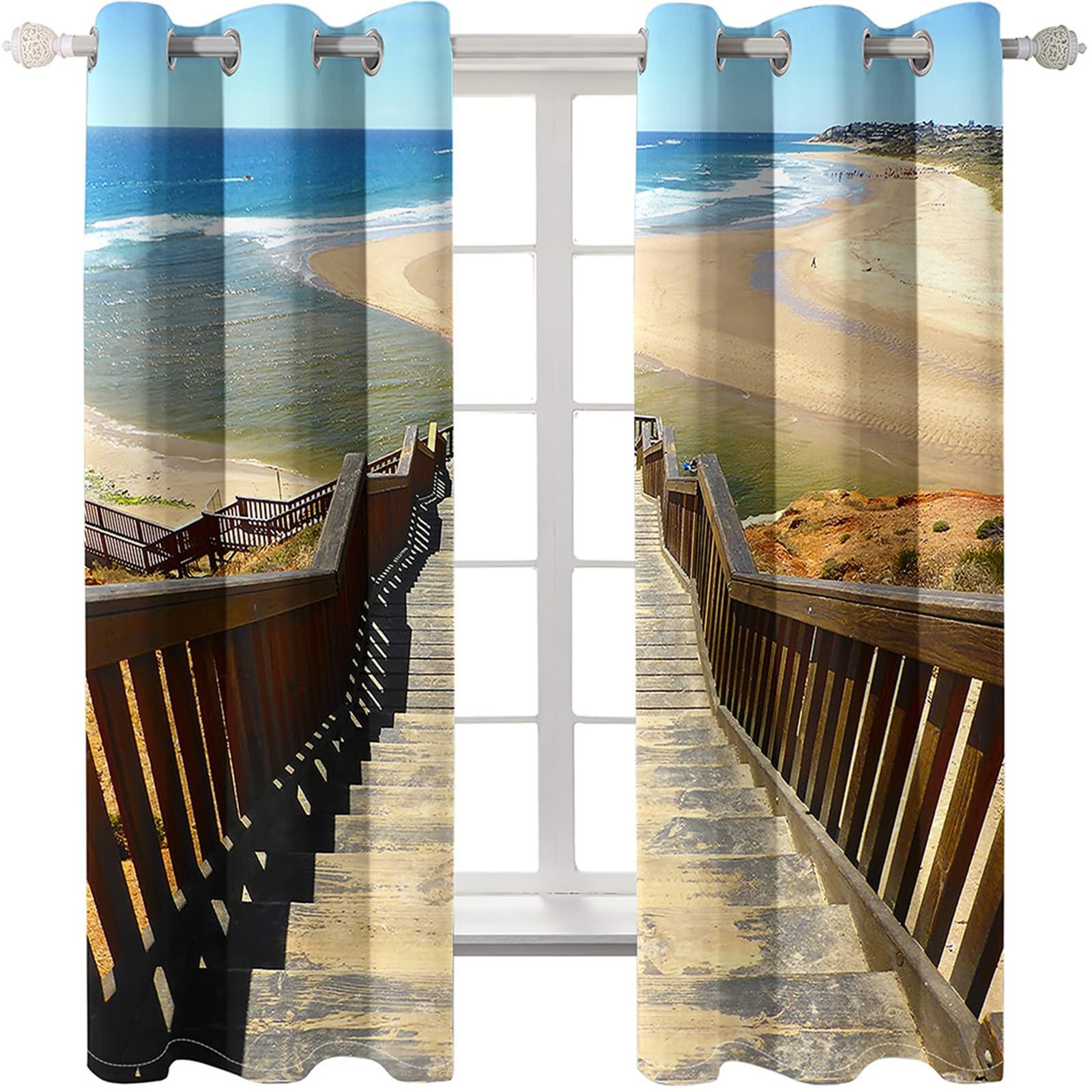Gardinen mit Ösen, 86x138cm Braun Beige Blau Holztreppe am Meer und Strandlandschaft Sommer Vorhang Blickdicht mit Ösen Thermovorhang Kälteschutz Vorhänge Wohnzimmer Schlafzimmer Wärmeisolierend