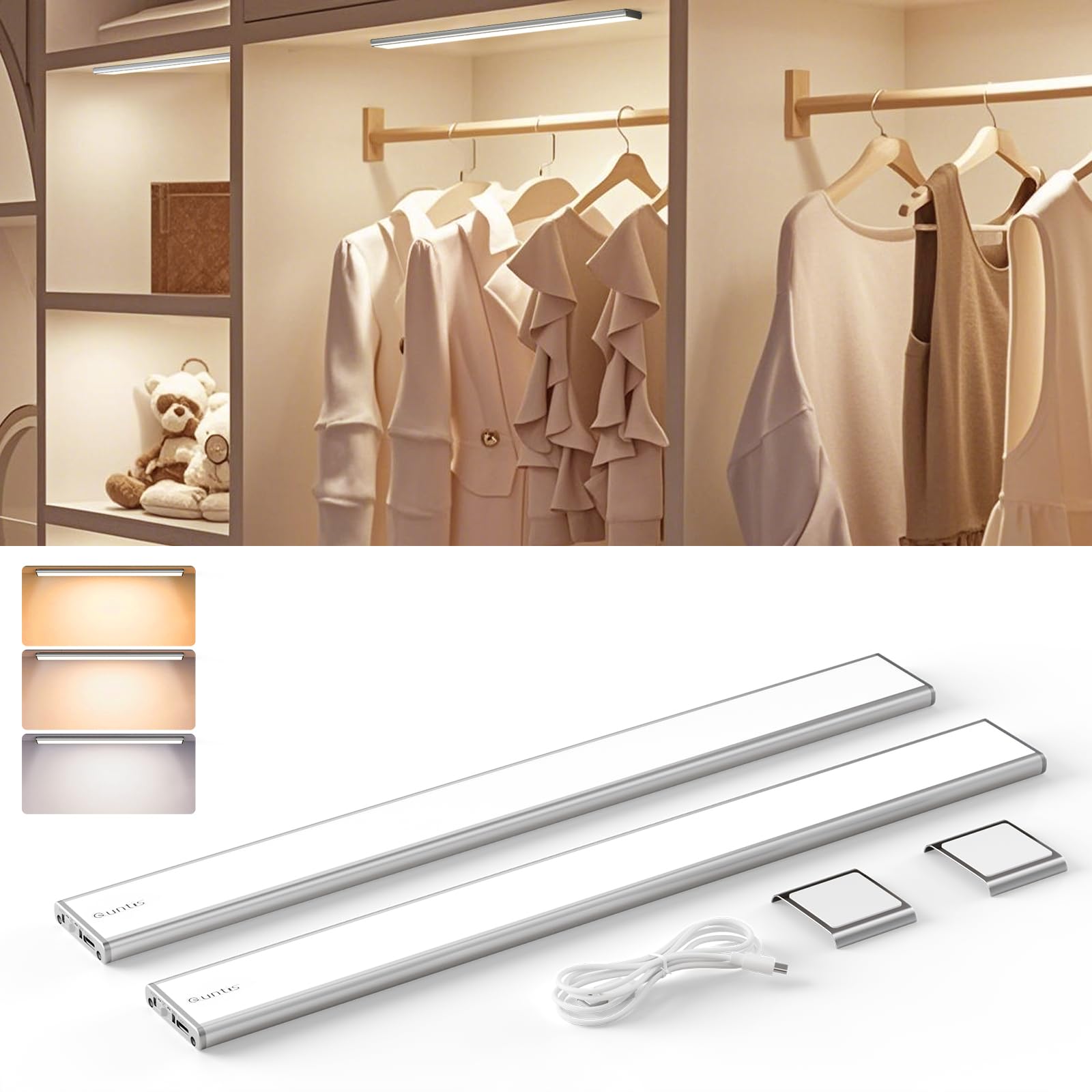 Quntis 40CM LED Sottopensile Cucina con Sensore di Movimento, 3 Modalità di Colore Luce LED Sottopensile, 2500 mAh Ricaricabile USB, Luci per Armadio con Sensore per Interno